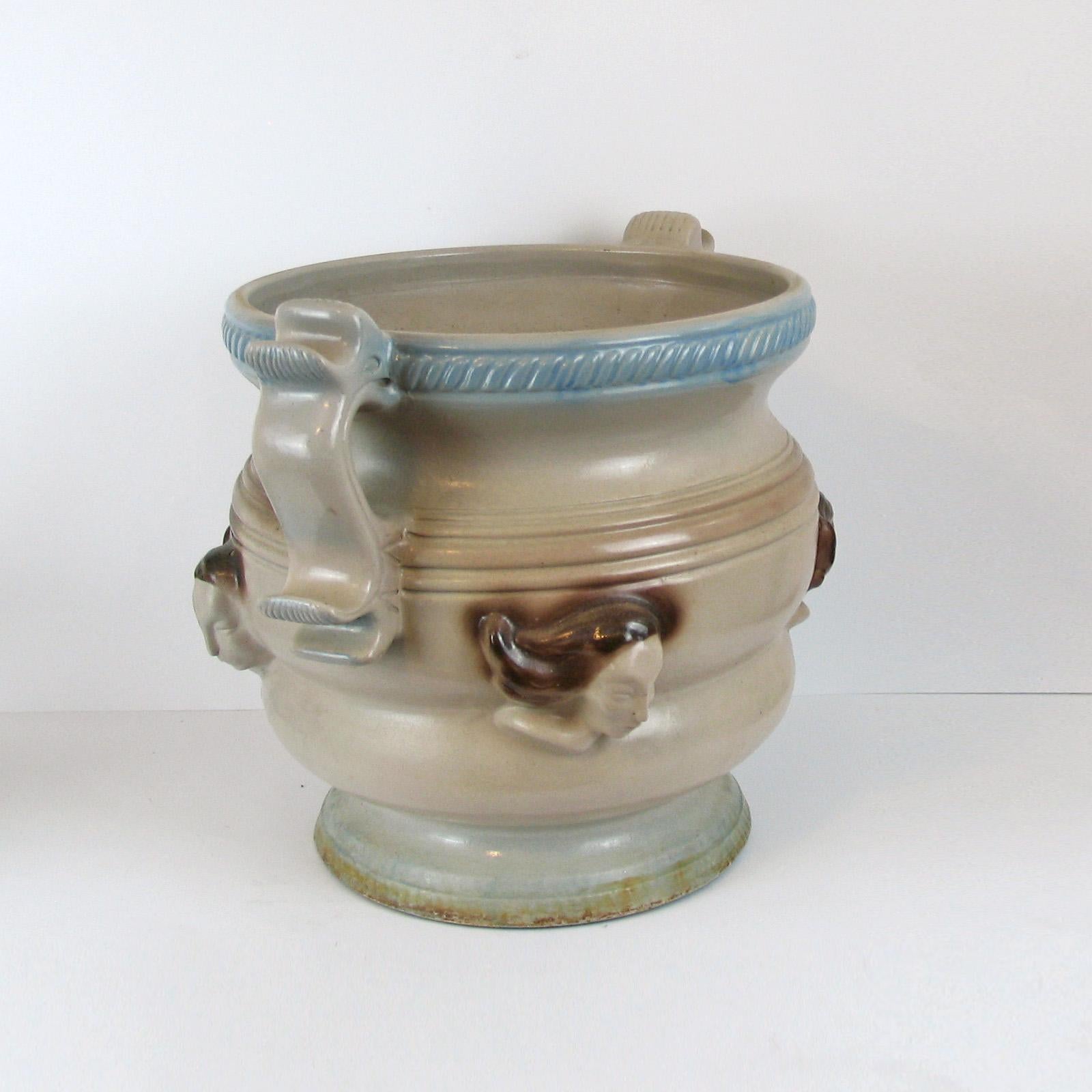 Glazed Art Deco Large Stoneware Planter with Handles, Cachepot For Sale