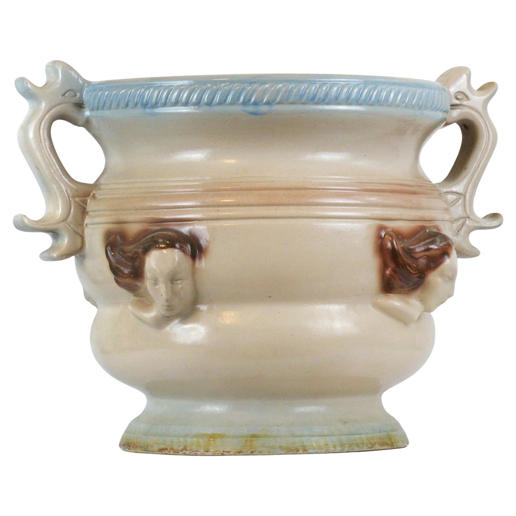 Fioriera grande in gres Art Deco con manici, Cachepot