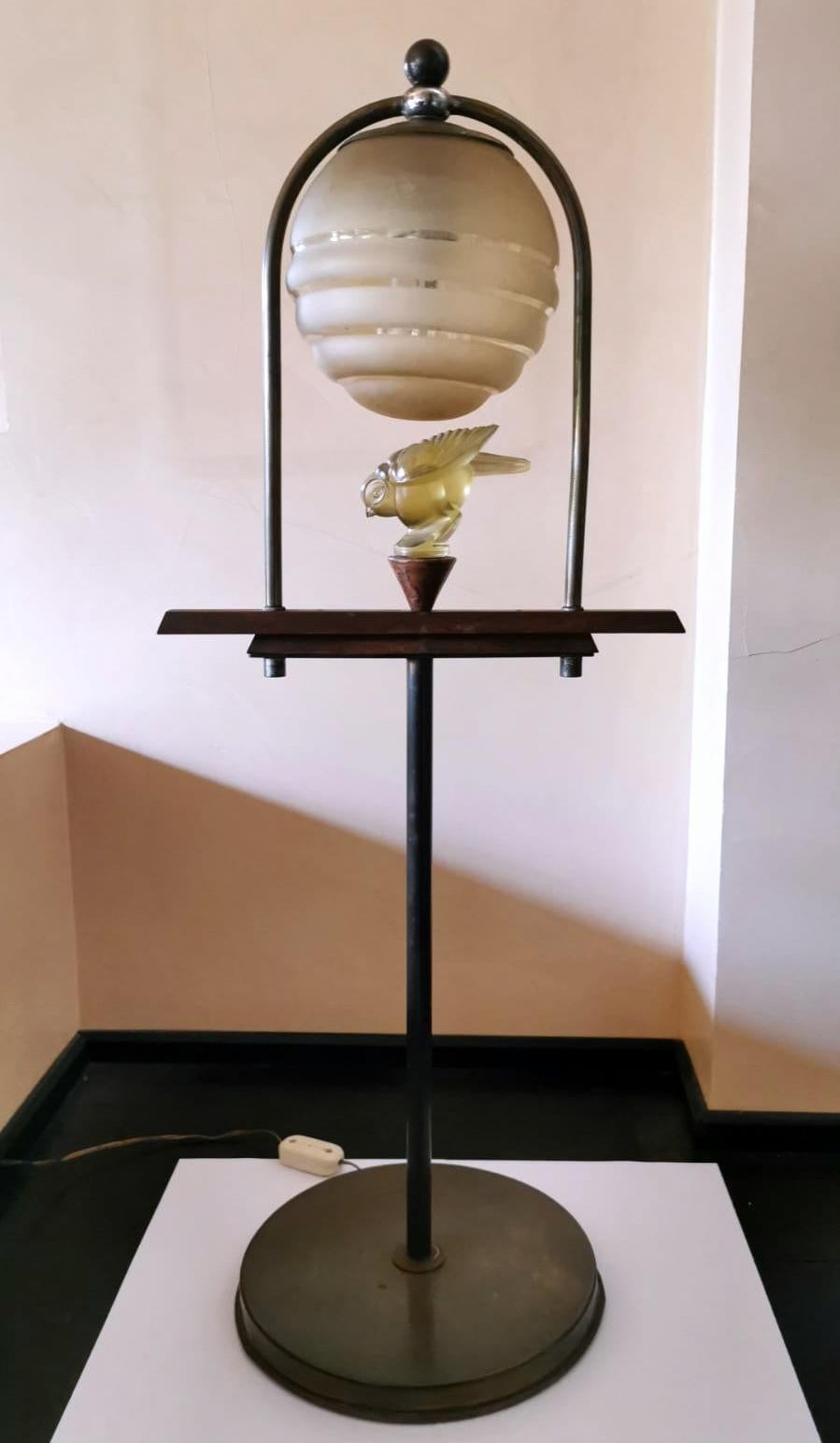 Art Deco Large Table Lamp with Crystal Sparrow Lalique Style In Good Condition In Prato, Tuscany