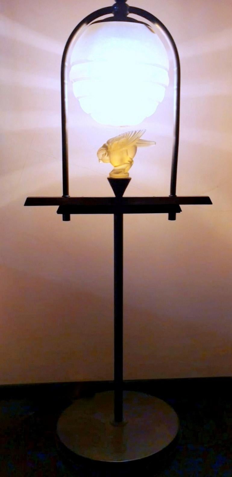 Metal Art Deco Large Table Lamp with Crystal Sparrow Lalique Style
