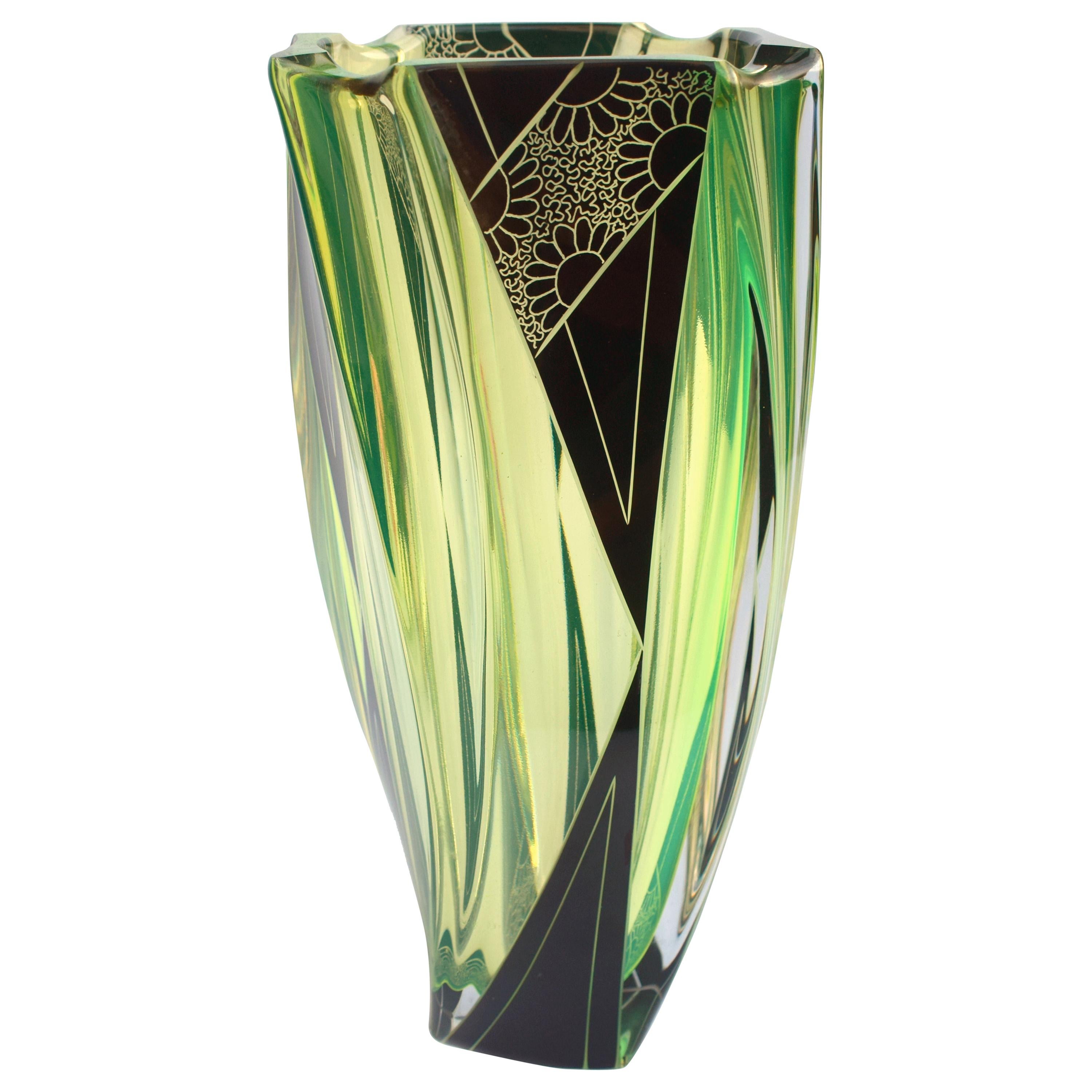 Art Deco Large Uranium Glass Vase by Karl Palda, circa 1930