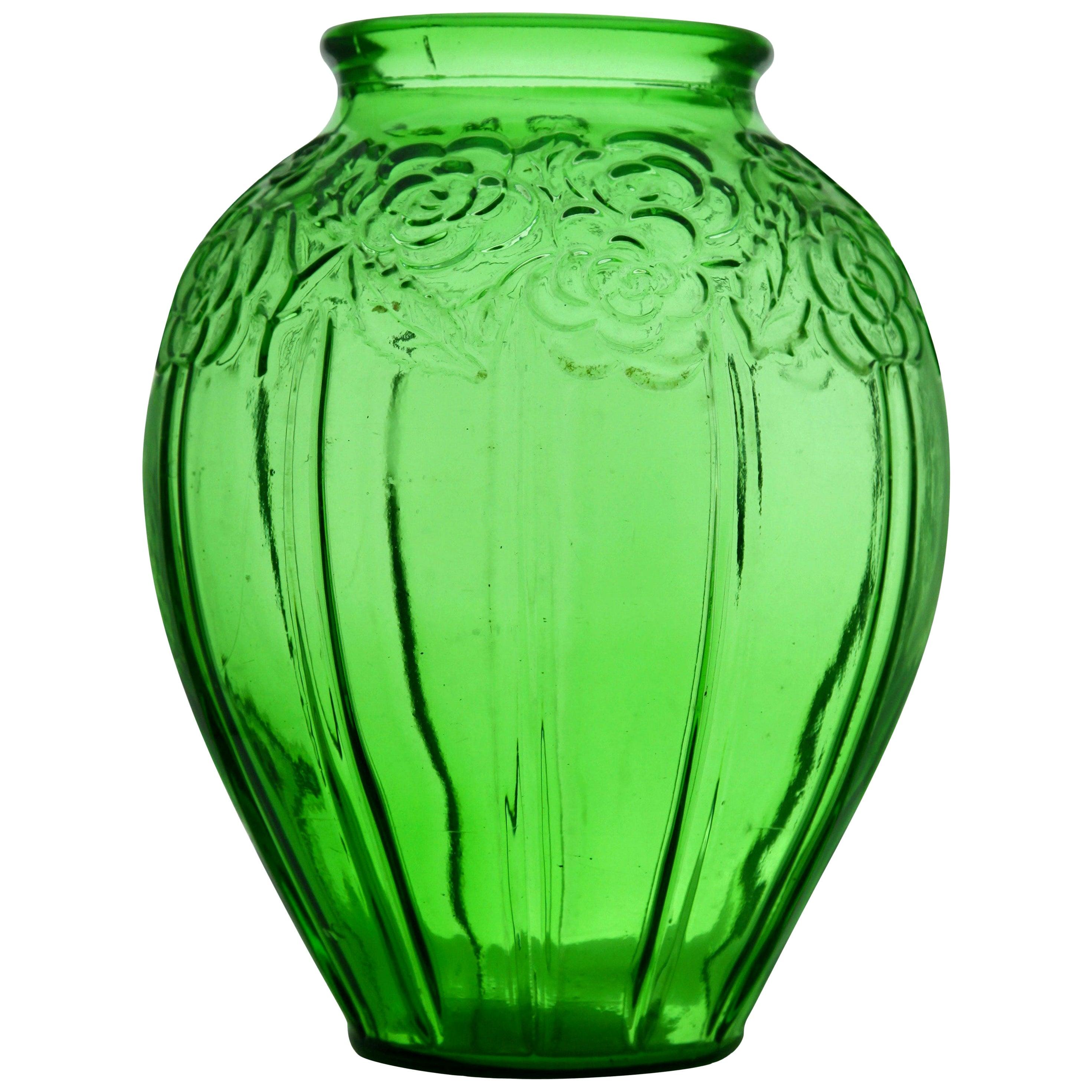 Art Deco Large Vase in Transparent Green Glass in the Style of Etaleune, Paris