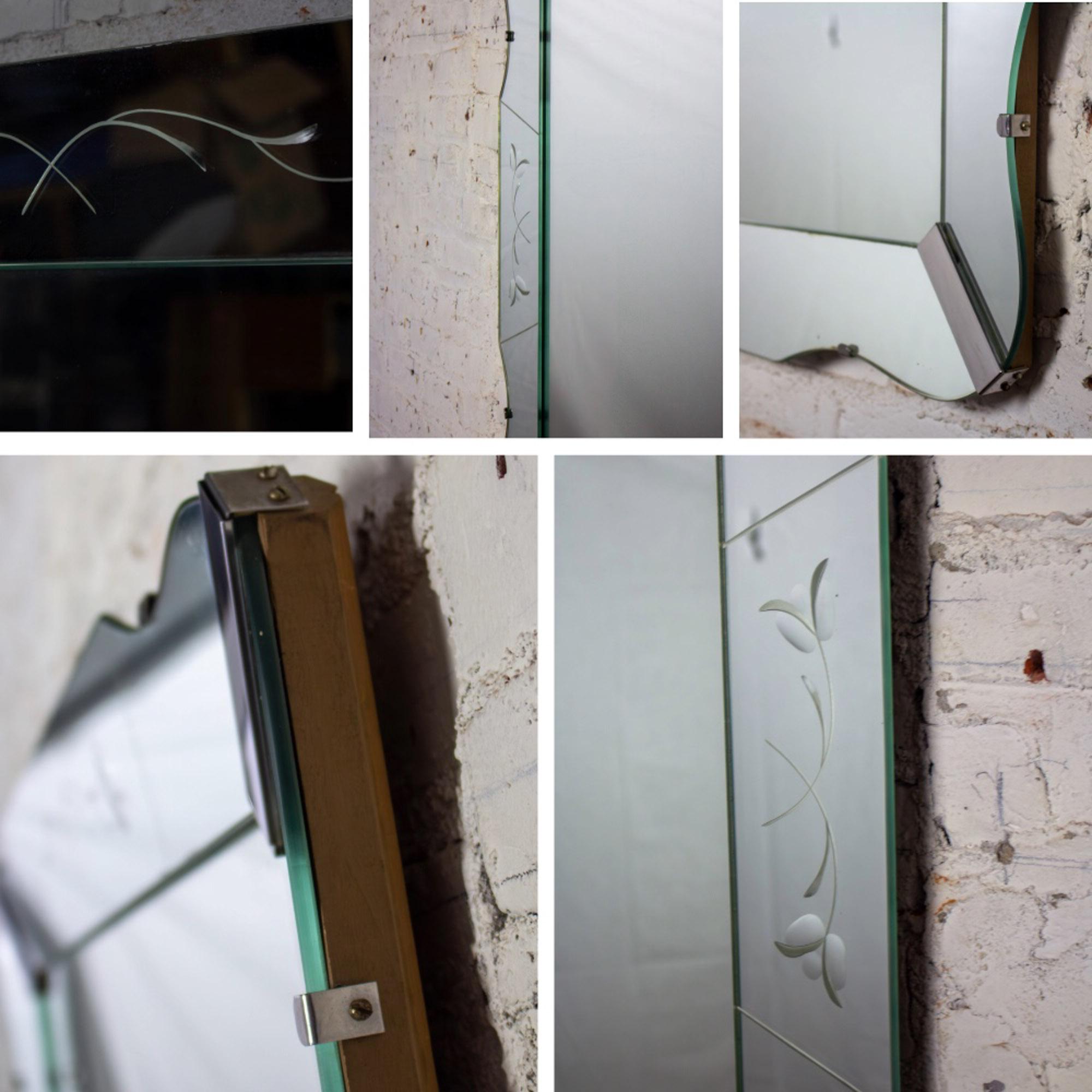 Art Deco Large Wall Mirror Rectangulaire avec côtés incurvés et verre vénitien gravé en vente 10