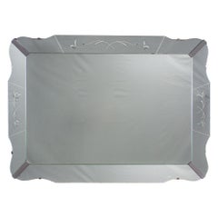 Art Deco Large Wall Mirror Rectangular w/Curved Sides & Etched Venetian Glass