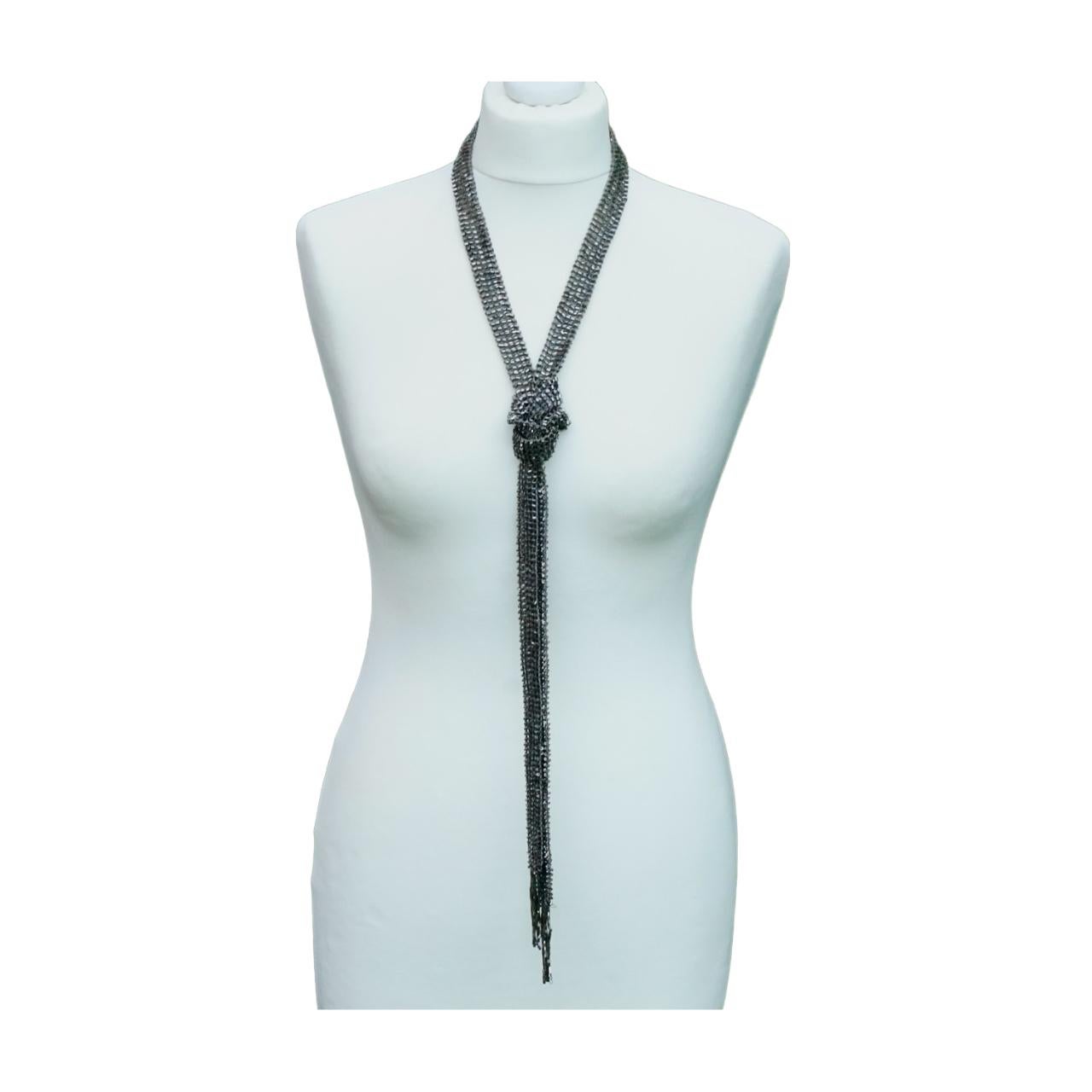 Art Deco Lariat Halskette oder Gürtel mit silberfarbenen Glasperlen im Art déco-Stil im Angebot 2