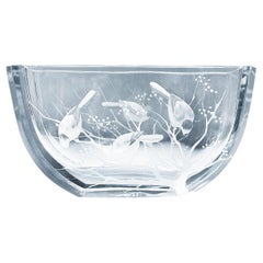 Art Deco Lars Kjellander Art Glass Crystal Birds Vase Sculpture Sweden, Kosta