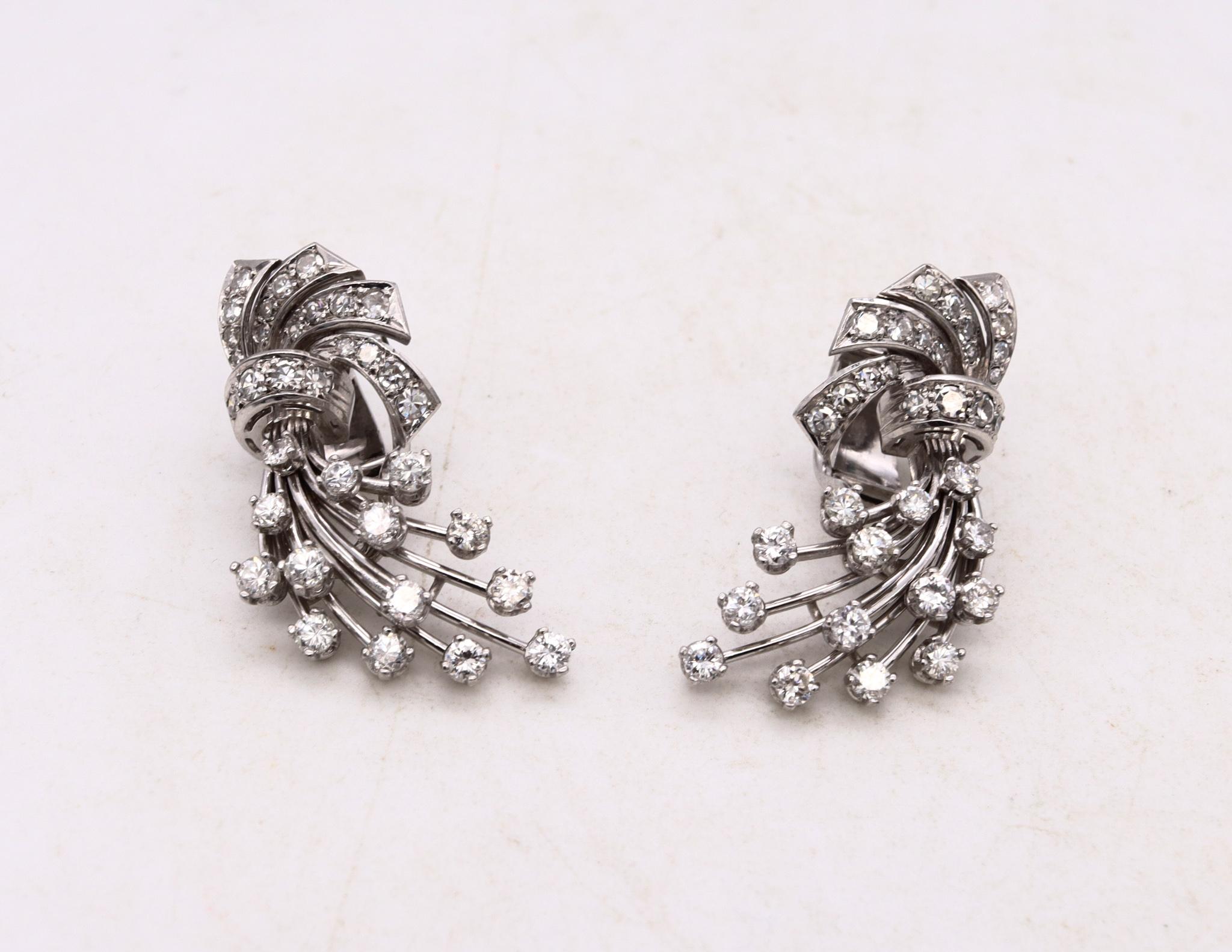 Women's Art Deco Late 1930 Clips on Earrings in Platinum with 2.88 Cts in VS Diamonds