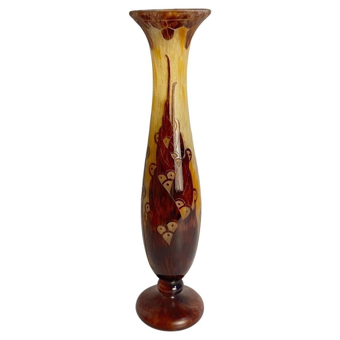Art Deco Lauriers Glass Vase by Le Verre Francais  For Sale