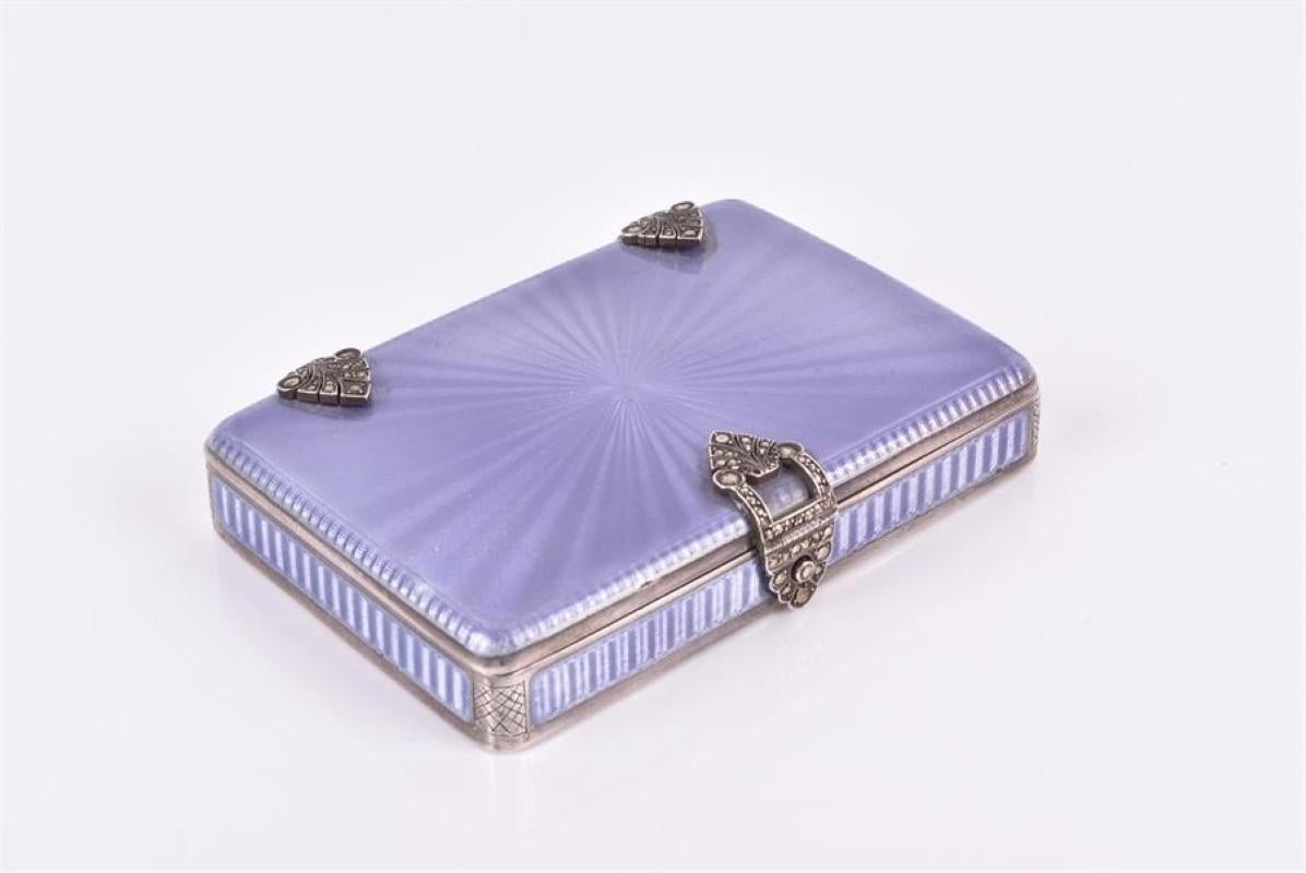 Art Deco Lavender Guilloche Enamel Sterling Silver Box In Good Condition In Austin, TX