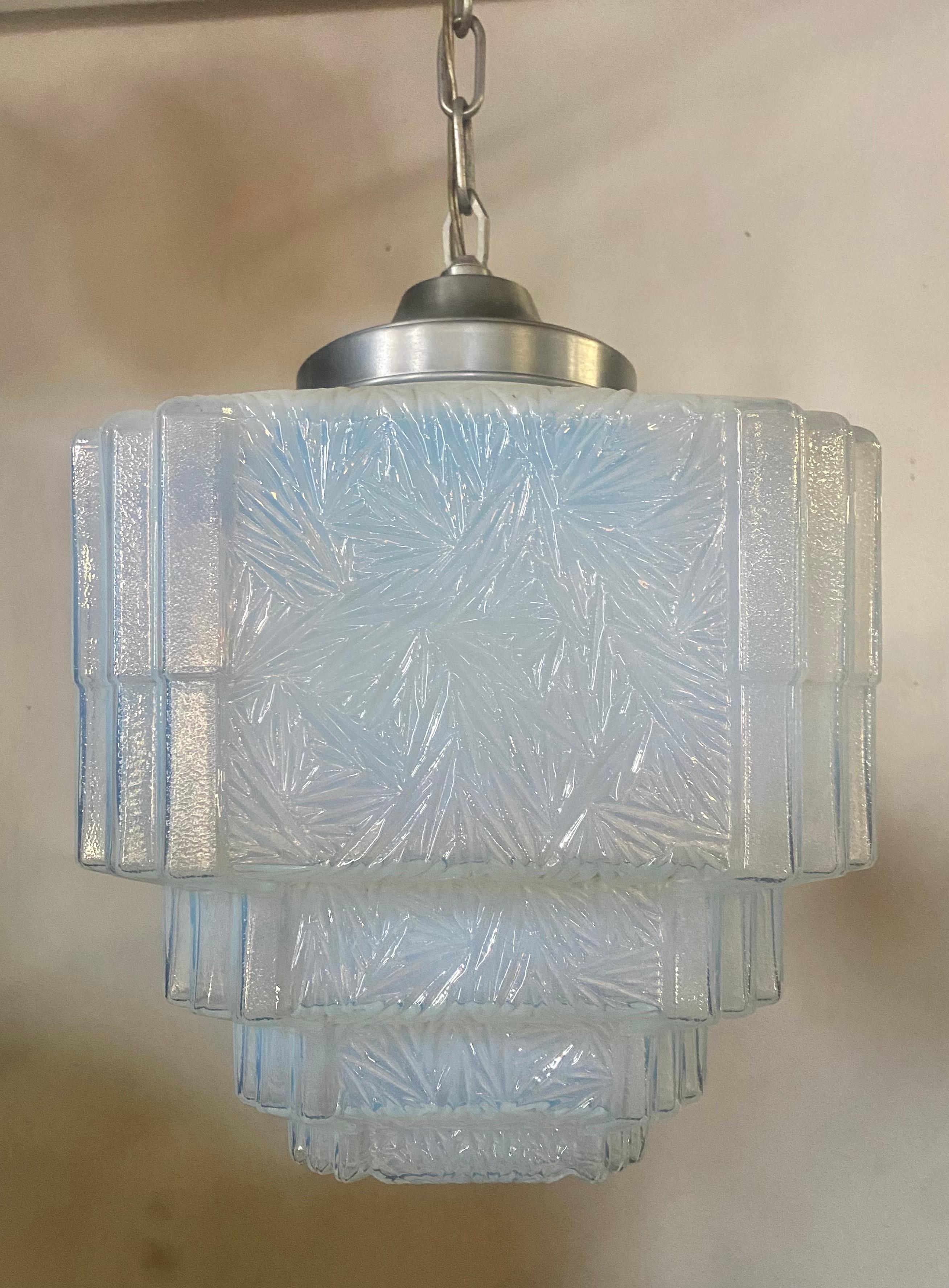 Art Deco Layer Cake Opaline Glass Pendant Light In Good Condition For Sale In Buffalo, NY