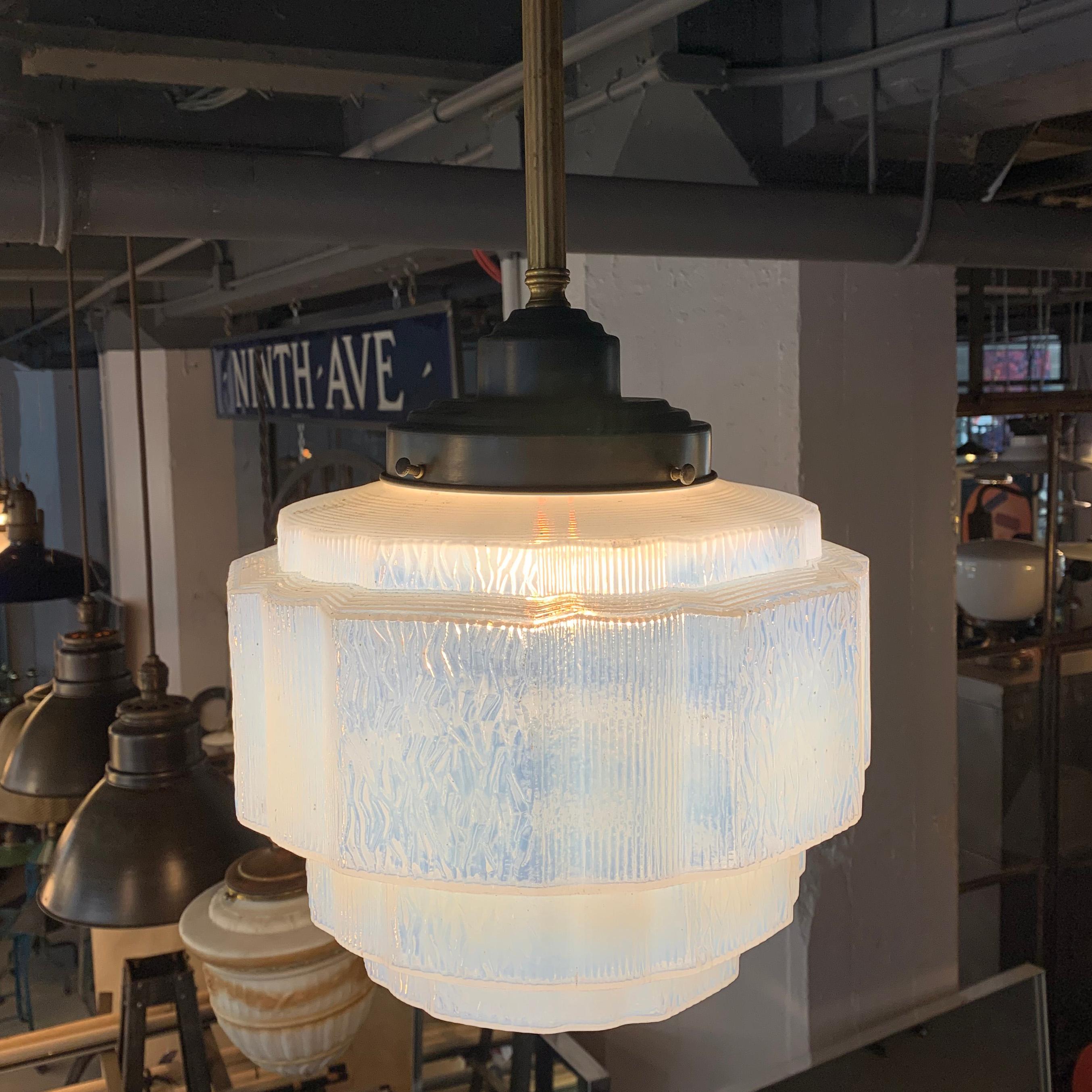 American Art Deco Layer Cake Opaline Glass Pendant Light For Sale