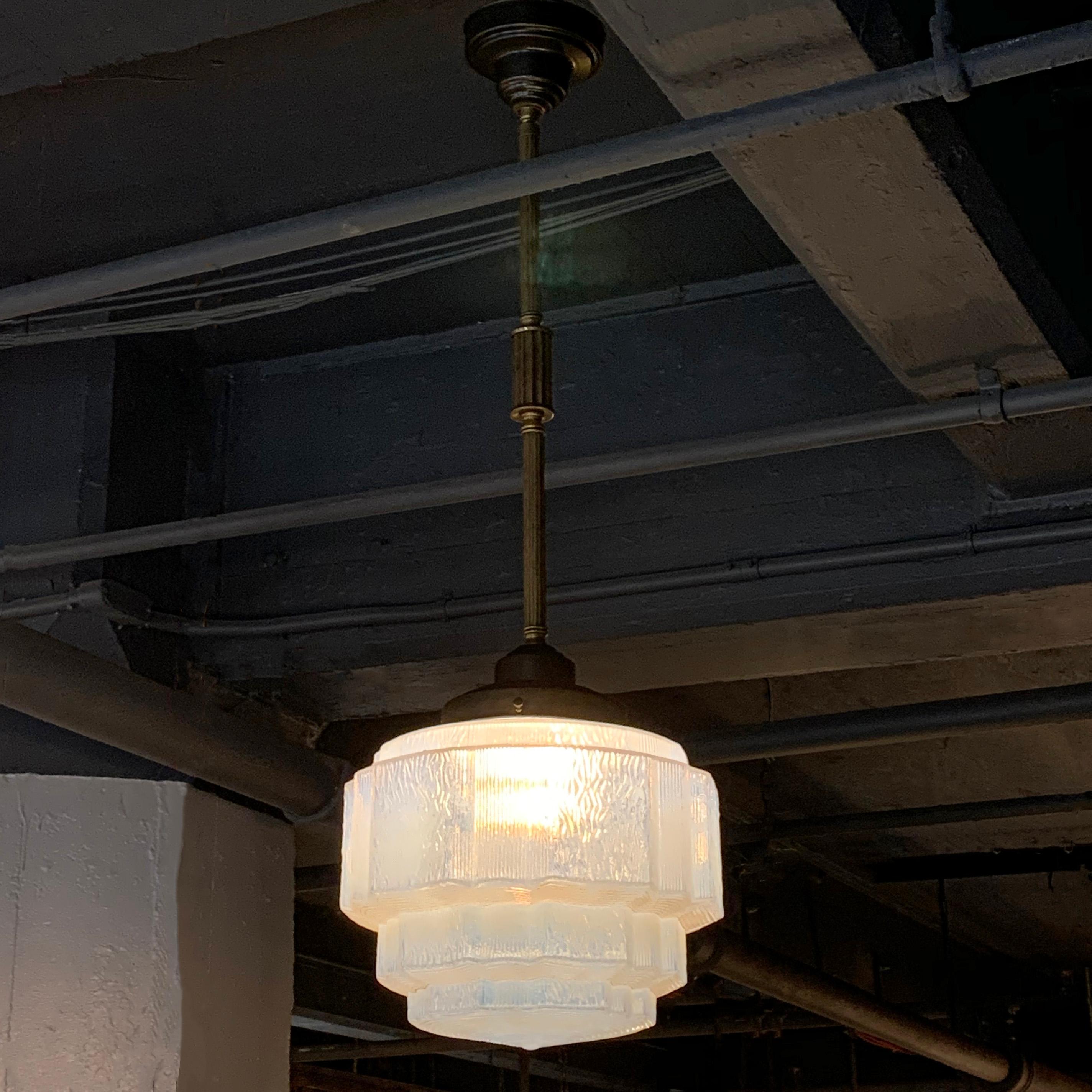 Art Deco Layer Cake Opaline Glass Pendant Light In Good Condition For Sale In Brooklyn, NY