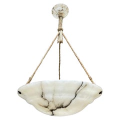 Art Deco Layered Alabaster Pendant & Canopy White Color with Black Veins, 1920
