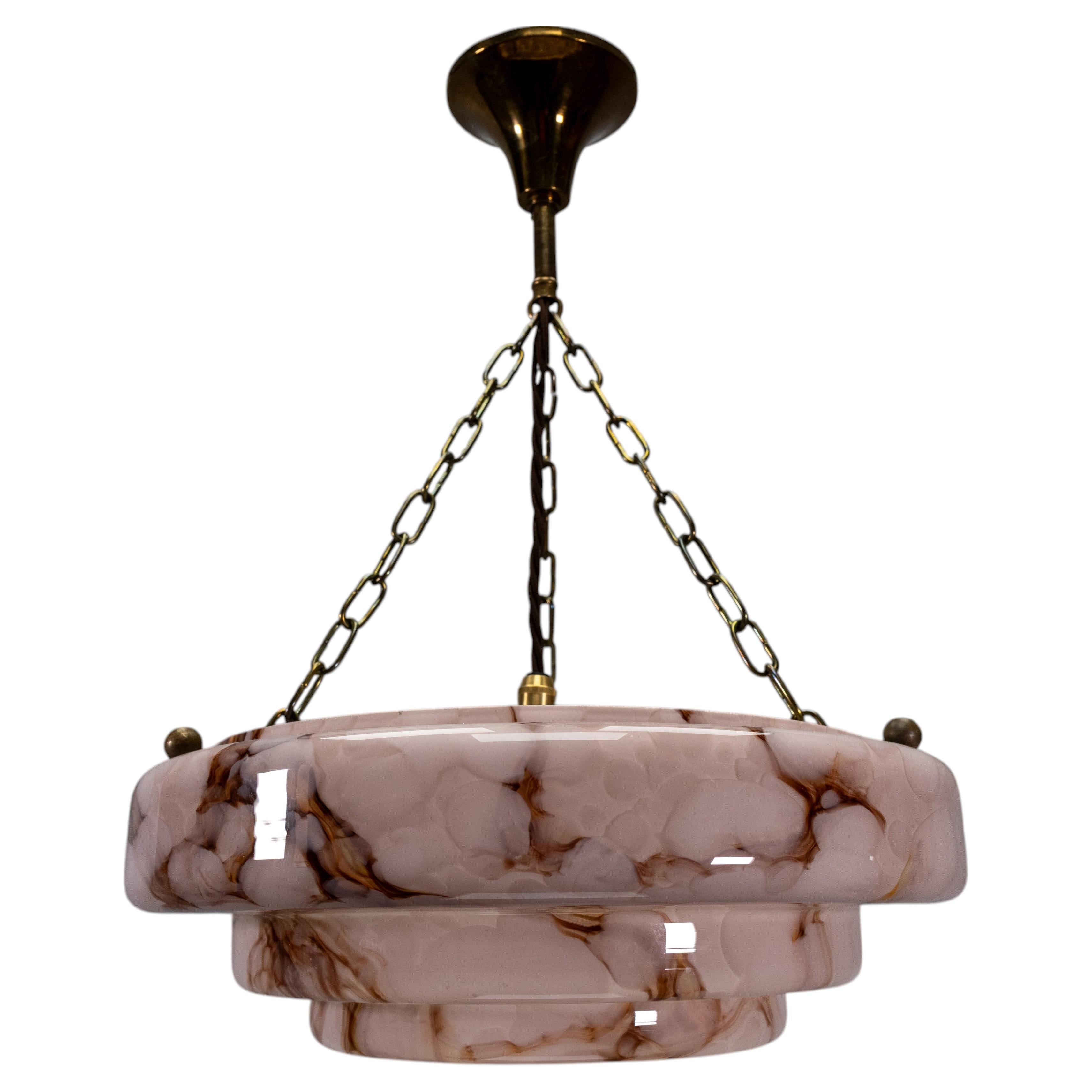 Art Deco Layered Pink and Smoky Amber Marbled Glass Pendant Light, ca 1930s