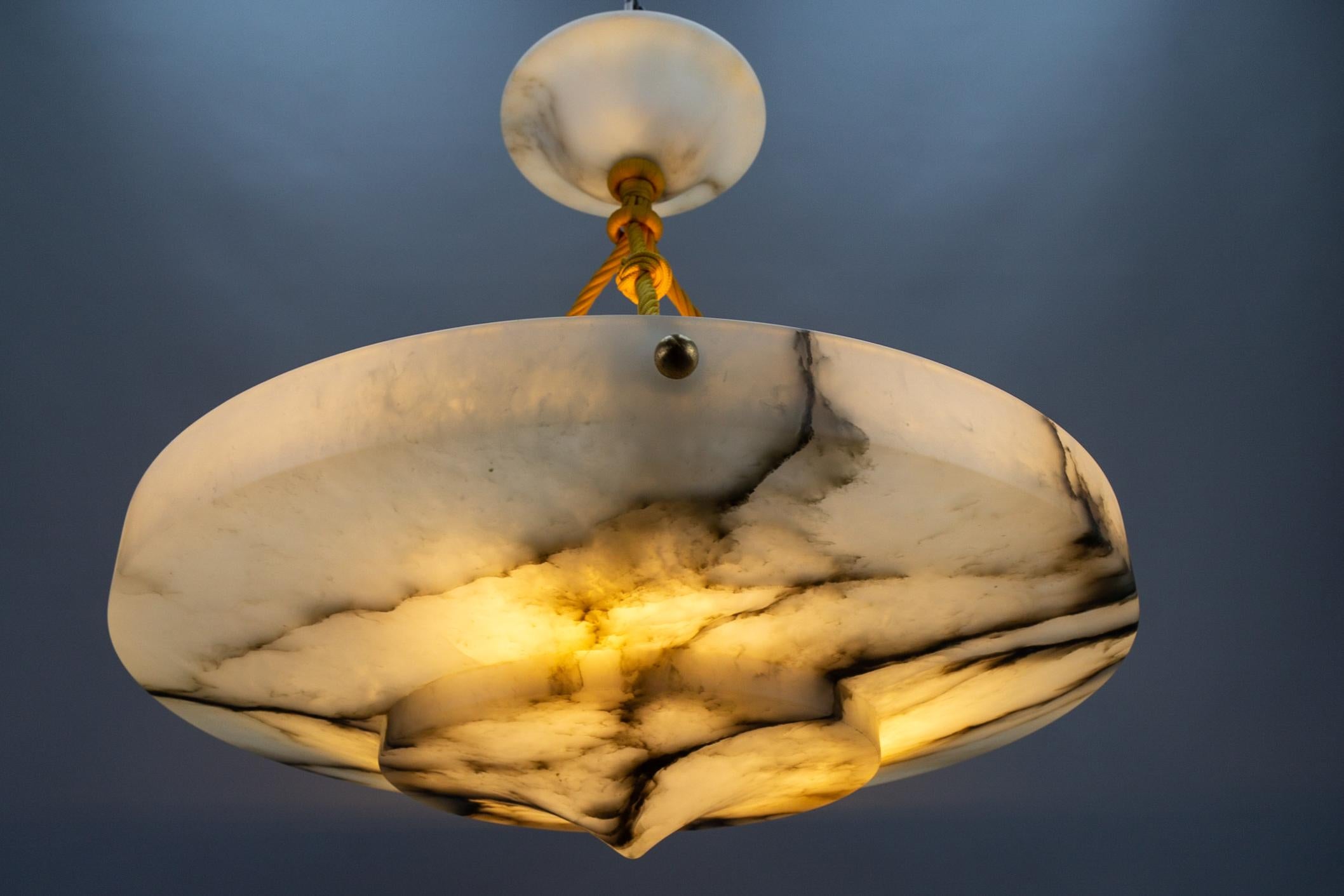 Metal Art Deco Layered White and Black Alabaster Pendant Light, 1920s