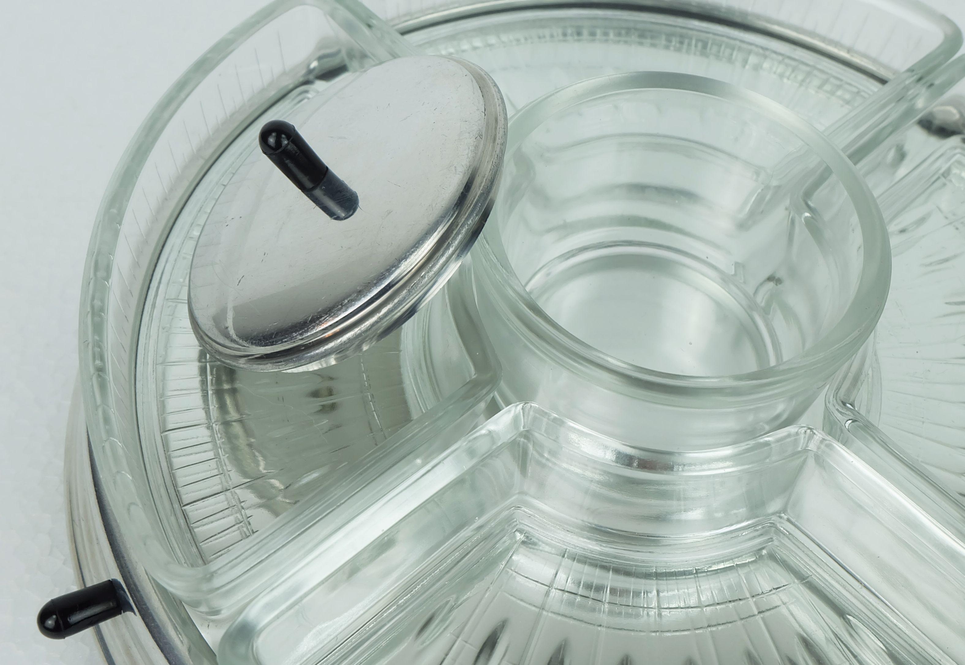 Milieu du XXe siècle art déco lazy susan RELISH SERVER 5 pieces set on rotating tray en vente