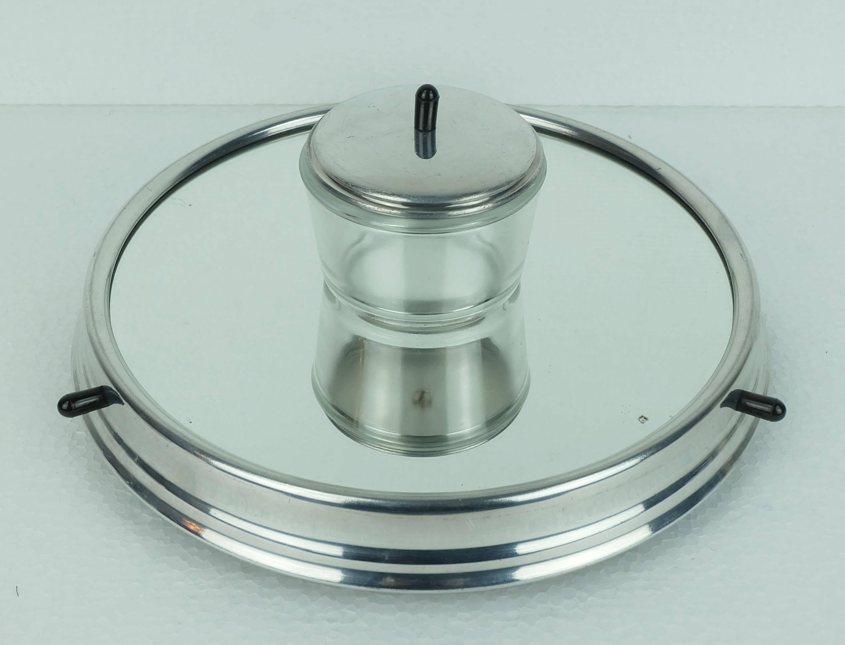 Aluminium art déco lazy susan RELISH SERVER 5 pieces set on rotating tray en vente