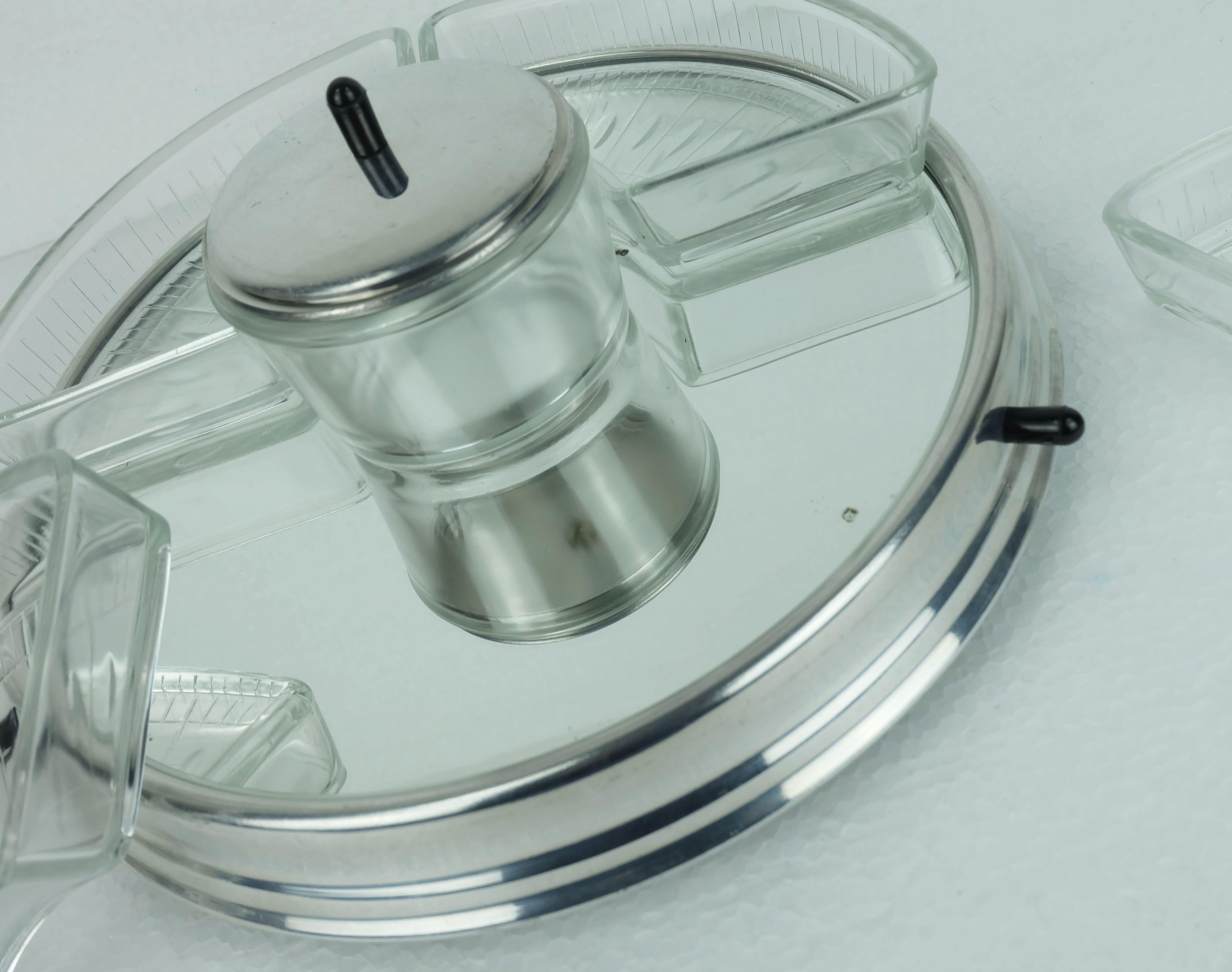 art déco lazy susan RELISH SERVER 5 pieces set on rotating tray en vente 1
