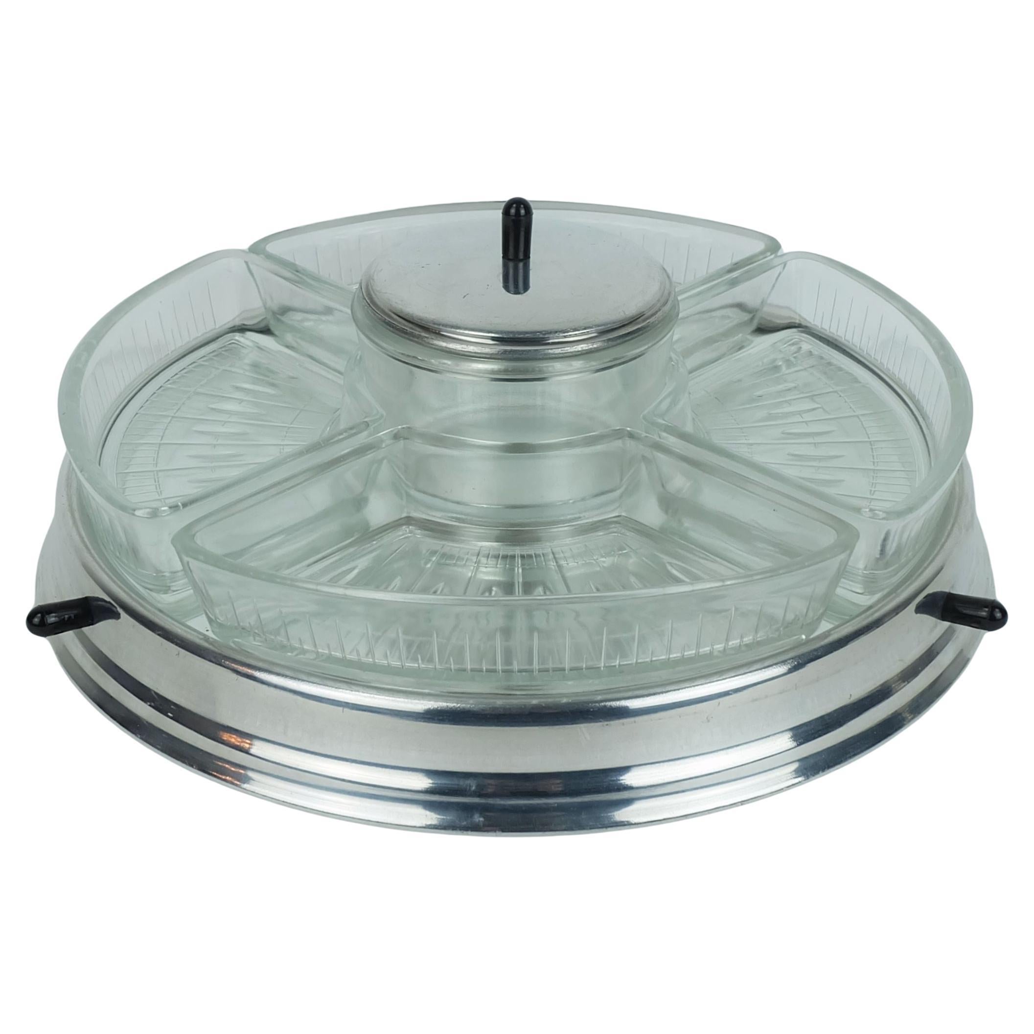 art déco lazy susan RELISH SERVER 5 pieces set on rotating tray en vente