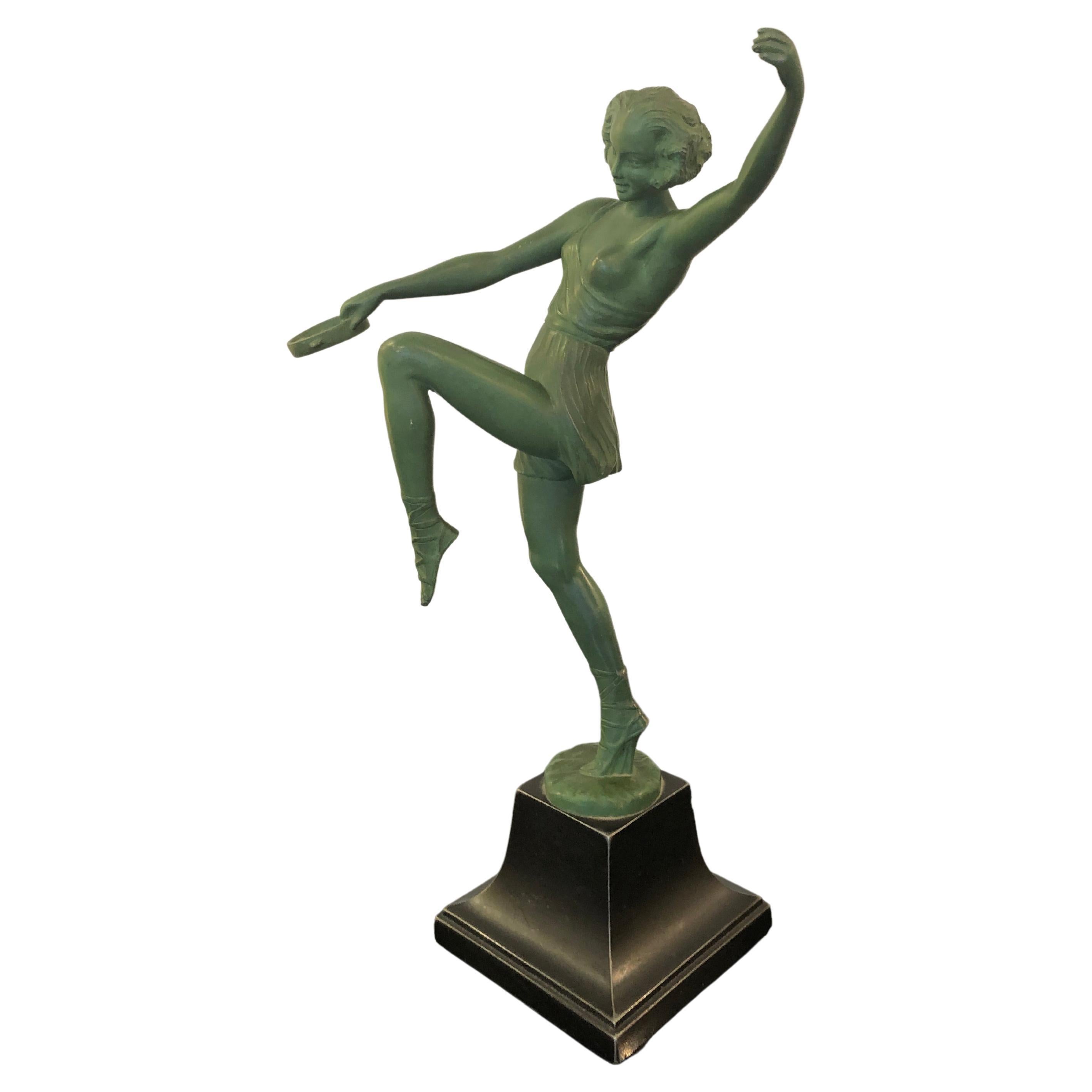 Art Deco "Le Fayral" Bronze Green Patina Black Base Dancer Sculpture