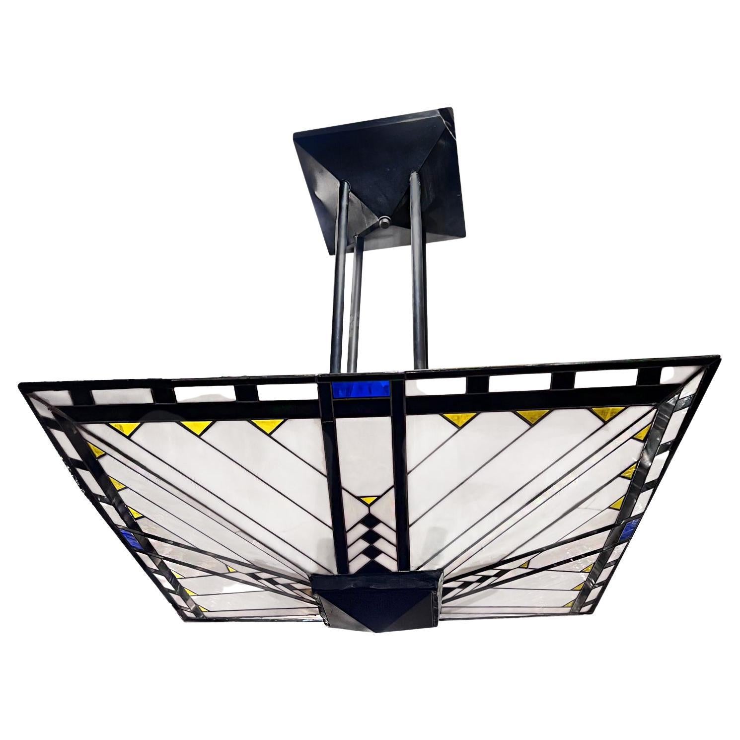 Art Deco Leaded Glass Light Fixture For Sale