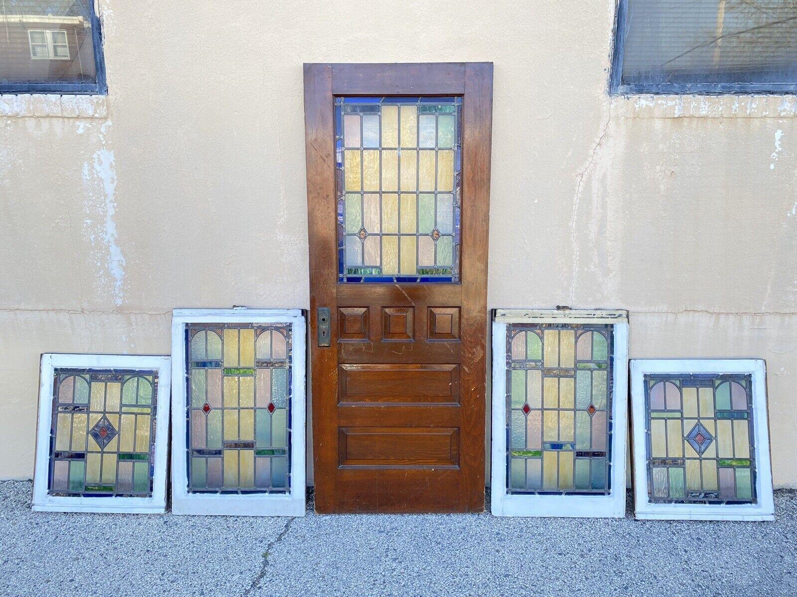 Porte d'entrée Art Déco en bois teinté au plomb rose, bleu, jaune et vert en vente 4
