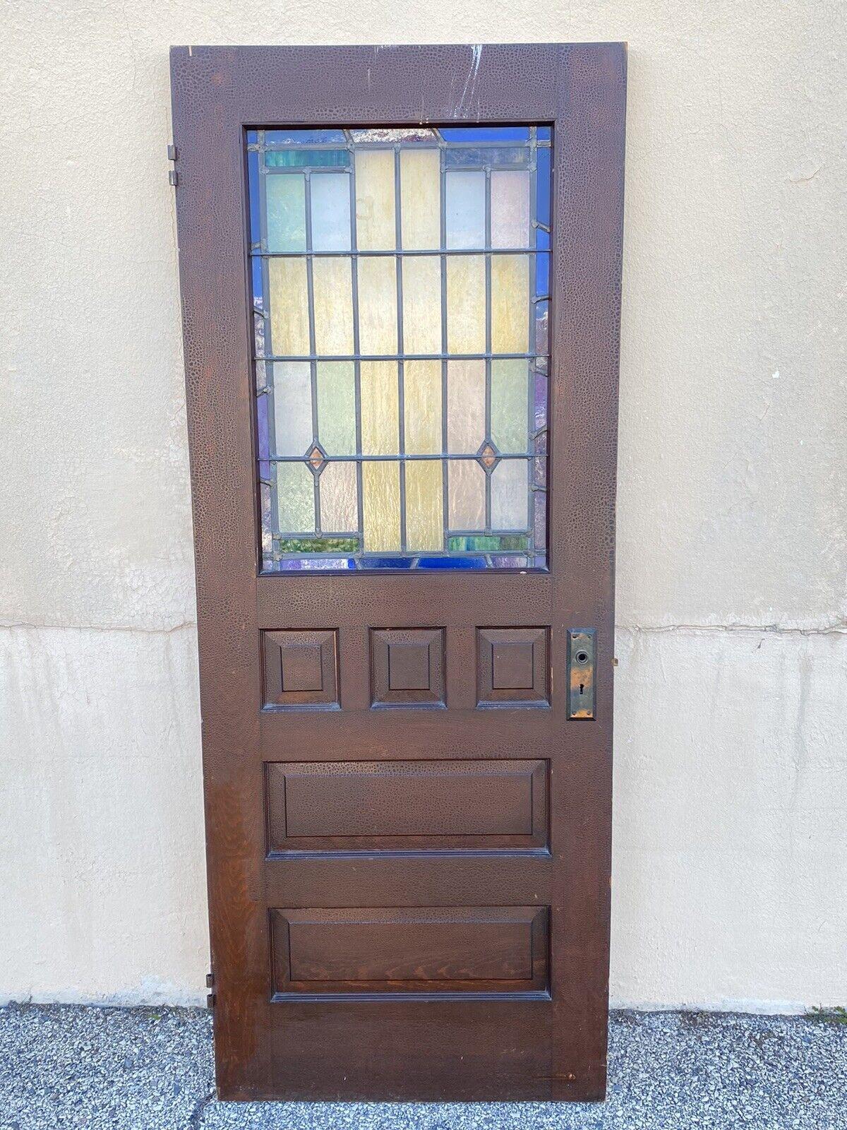 20th Century Art Deco Leaded Stained Glass Wooden House Front Door Pink Blue Yellow Green For Sale