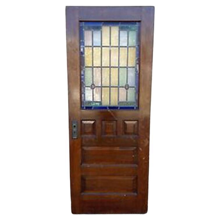 Art Deco Bleiglas-Holz-Hausfront-Tür in Rosa, Blau, Gelb und Grün im Angebot