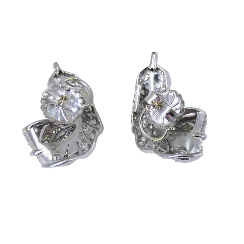 Mixed Cut Art Deco Leaf Shaped Earrings Diamond Platinum Estate Jewelry For Sale