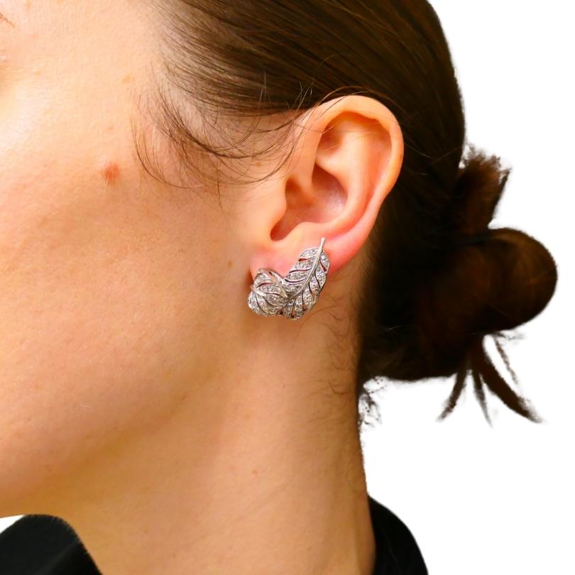 Art Deco Leaf Shaped Earrings Diamond Platinum Estate Jewelry For Sale 1