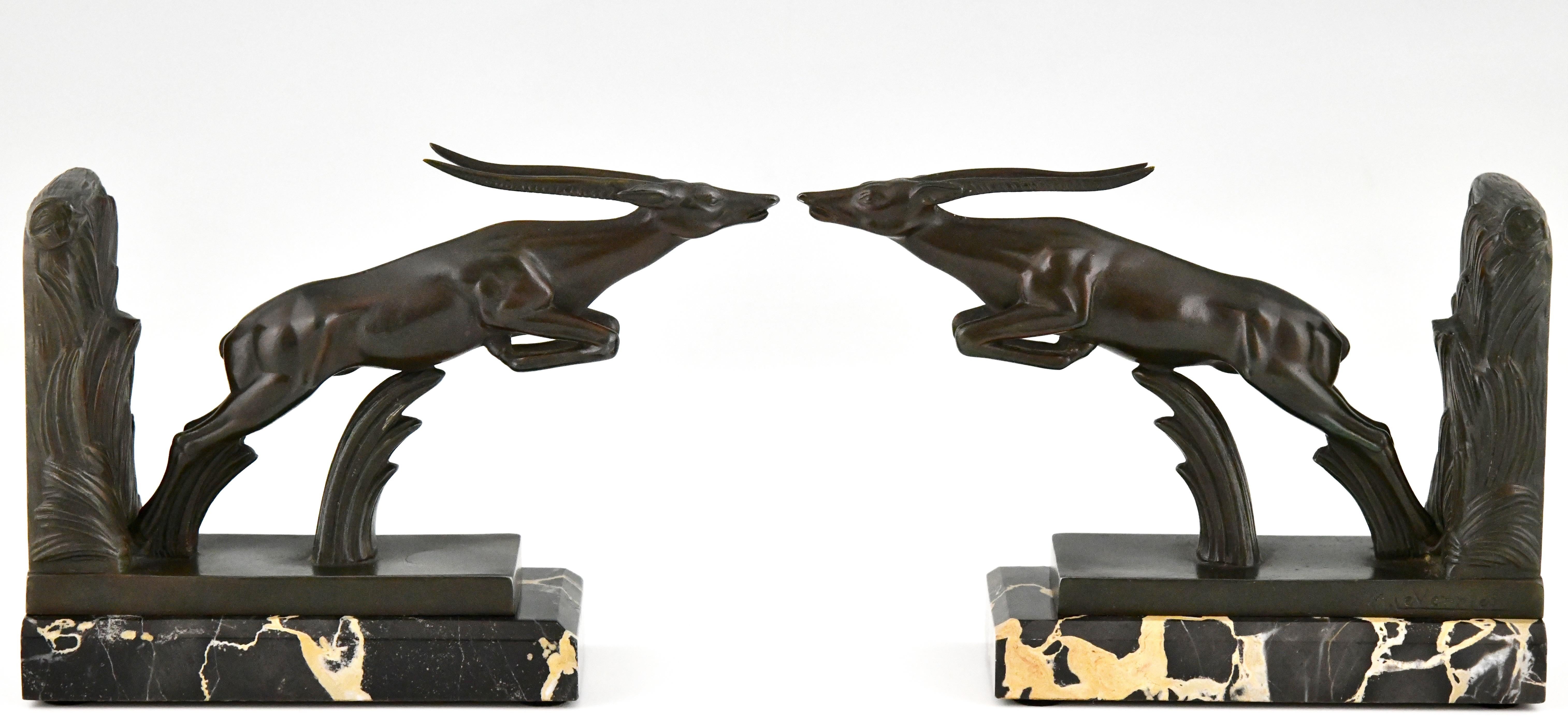 Patinated  Art Deco Leaping Deer Bookends by Max Le Verrier 1930 France For Sale