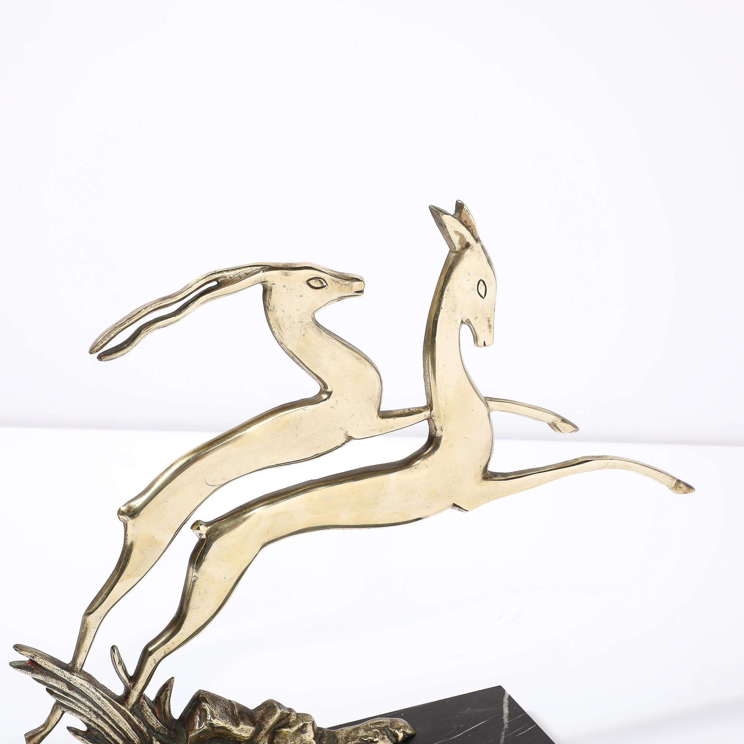 Art Deco Leaping Gazelle Sculpture in Polished Brass on Black Marble Base For Sale 6
