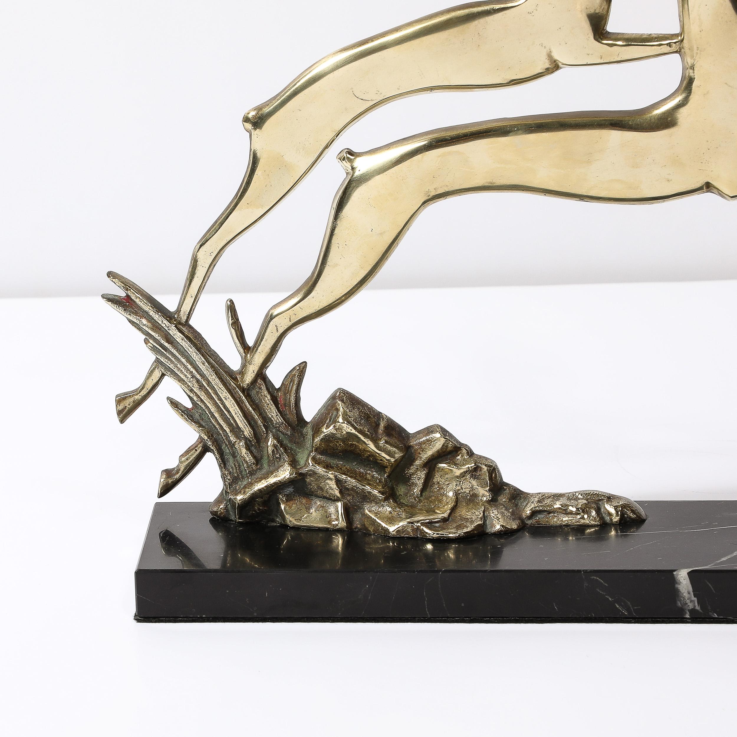 French Art Deco Leaping Gazelle Sculpture in Polished Brass on Black Marble Base For Sale