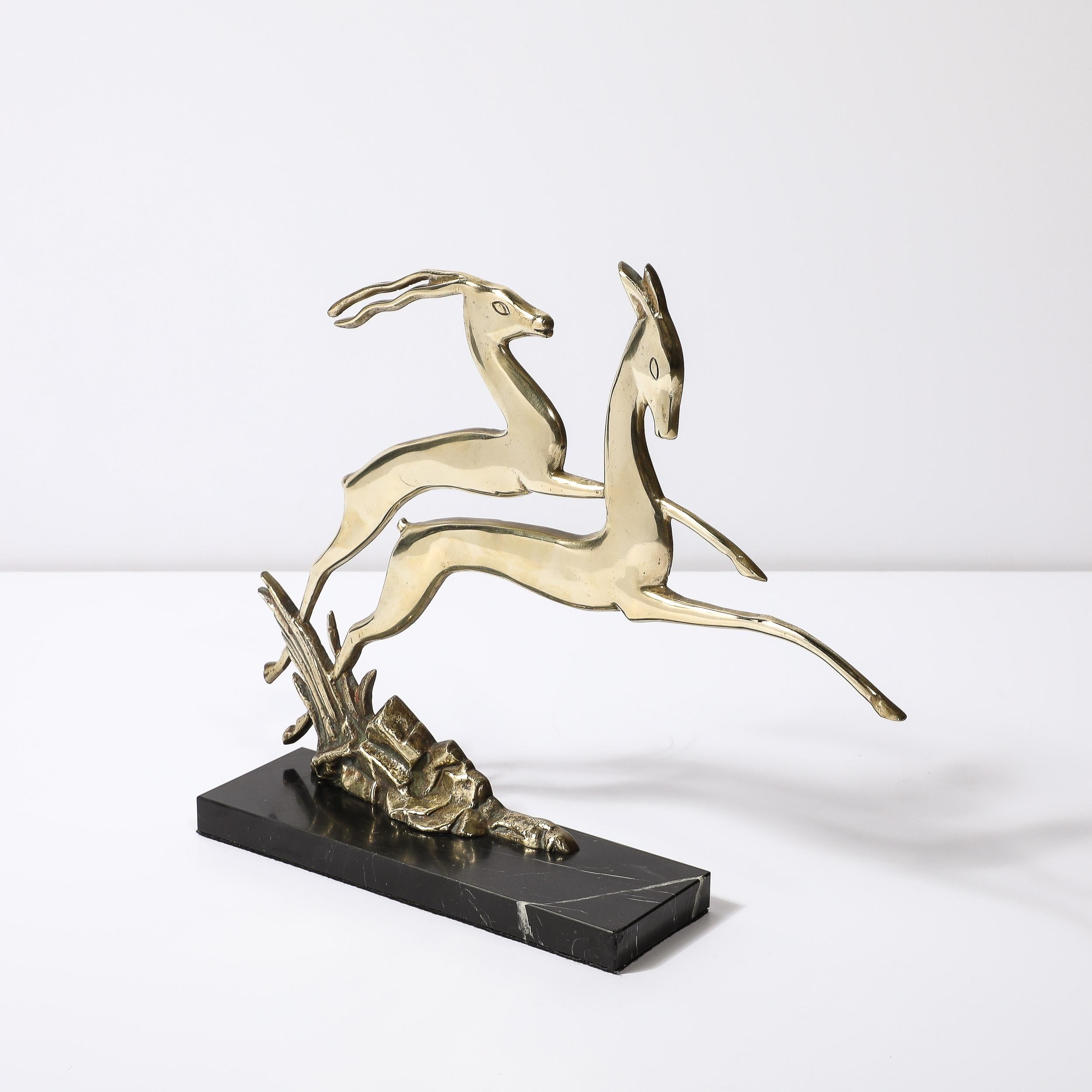 Art Deco Leaping Gazelle Sculpture in Polished Brass on Black Marble Base In Excellent Condition For Sale In New York, NY