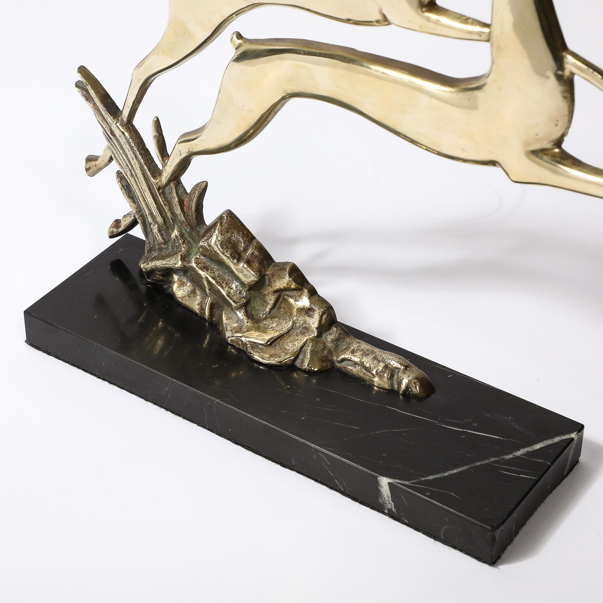 Mid-20th Century Art Deco Leaping Gazelle Sculpture in Polished Brass on Black Marble Base For Sale