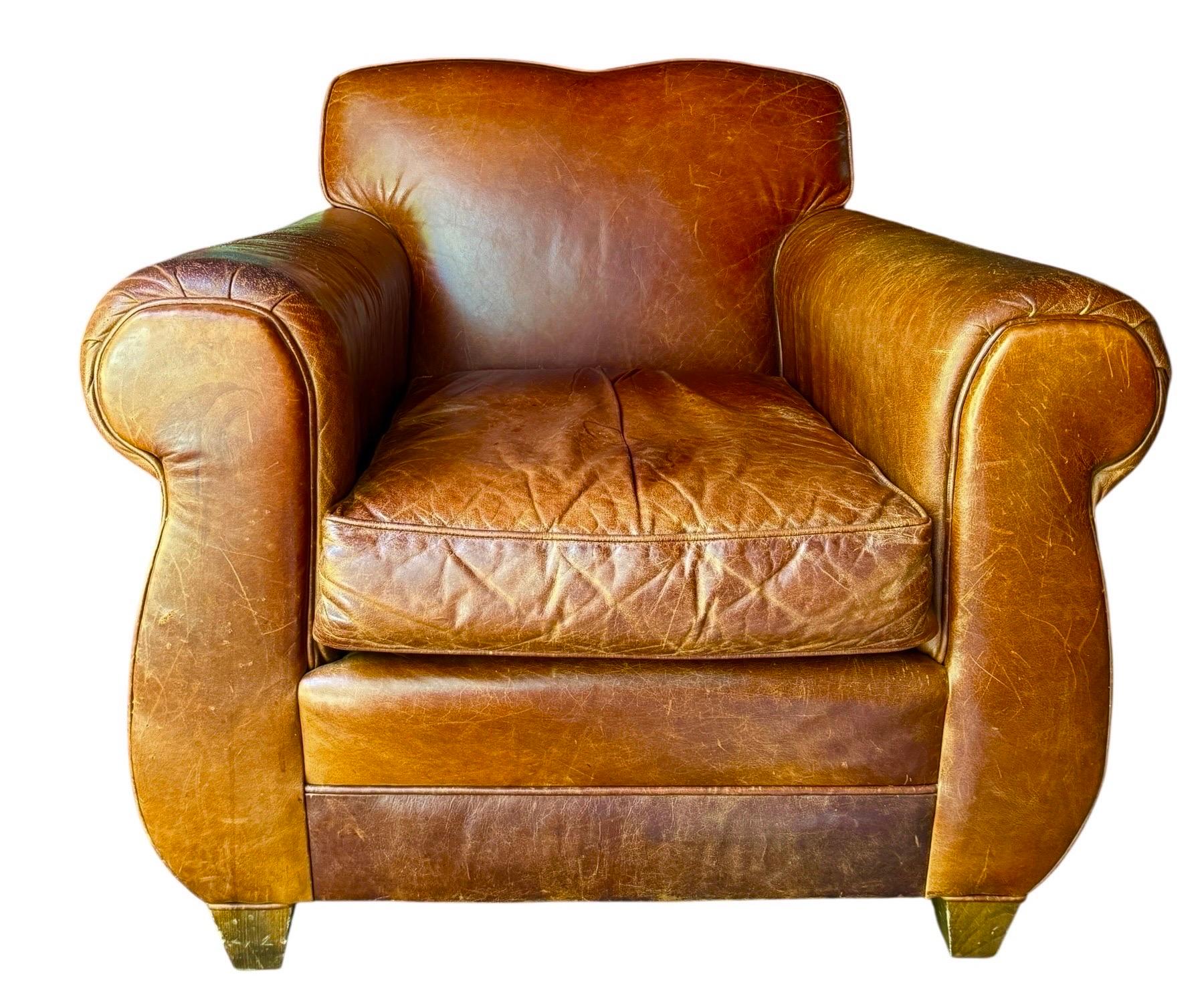 Sillón de cuero Art Déco Atribuido a Mitchell Gold Sillón de cuero Manhattan Estadounidense en venta