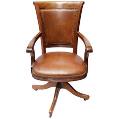 Antique Art Deco Leather Captains Office Chair, Swivel Frame