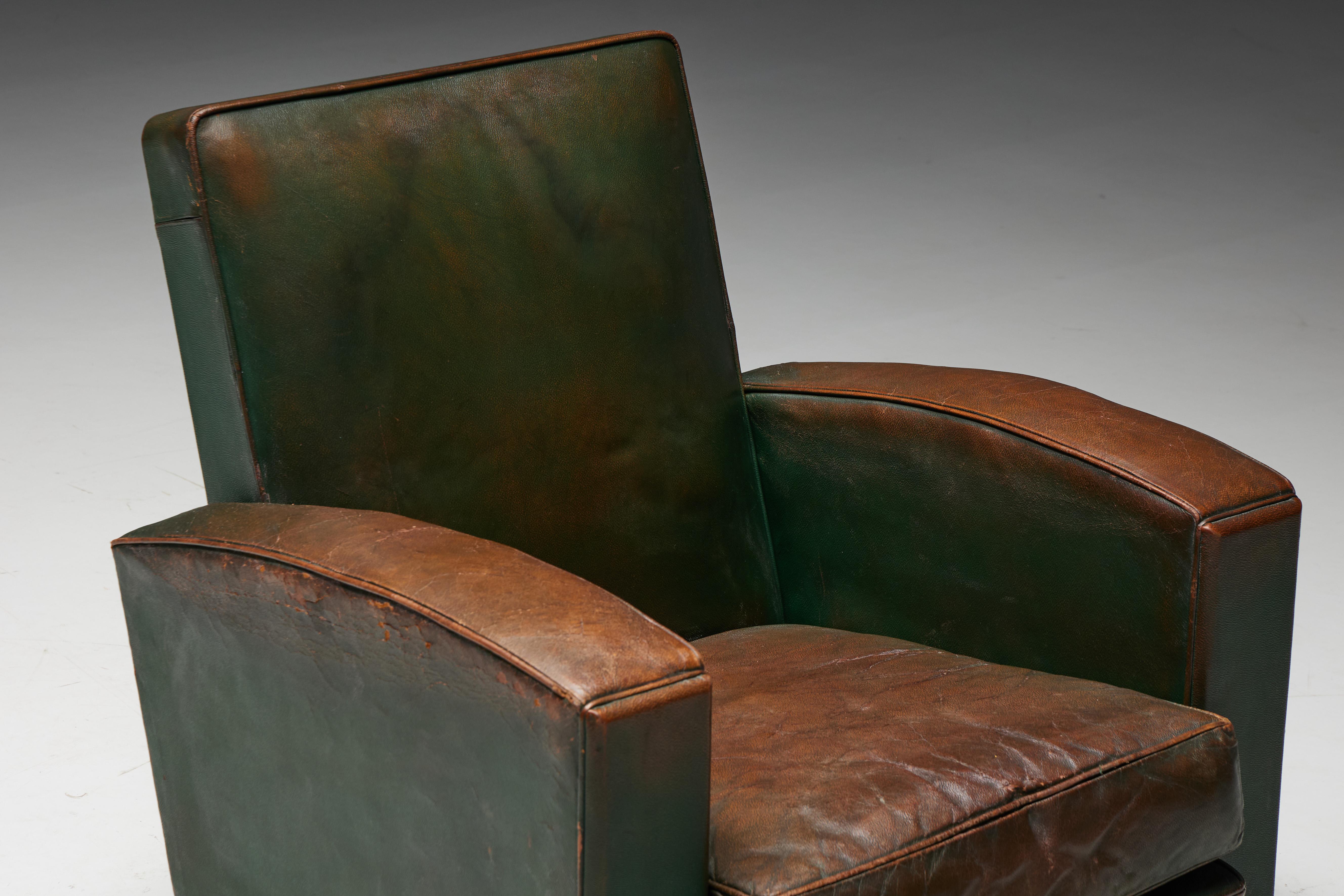 Art Deco Leather Club Chairs, France, 1930s For Sale 13