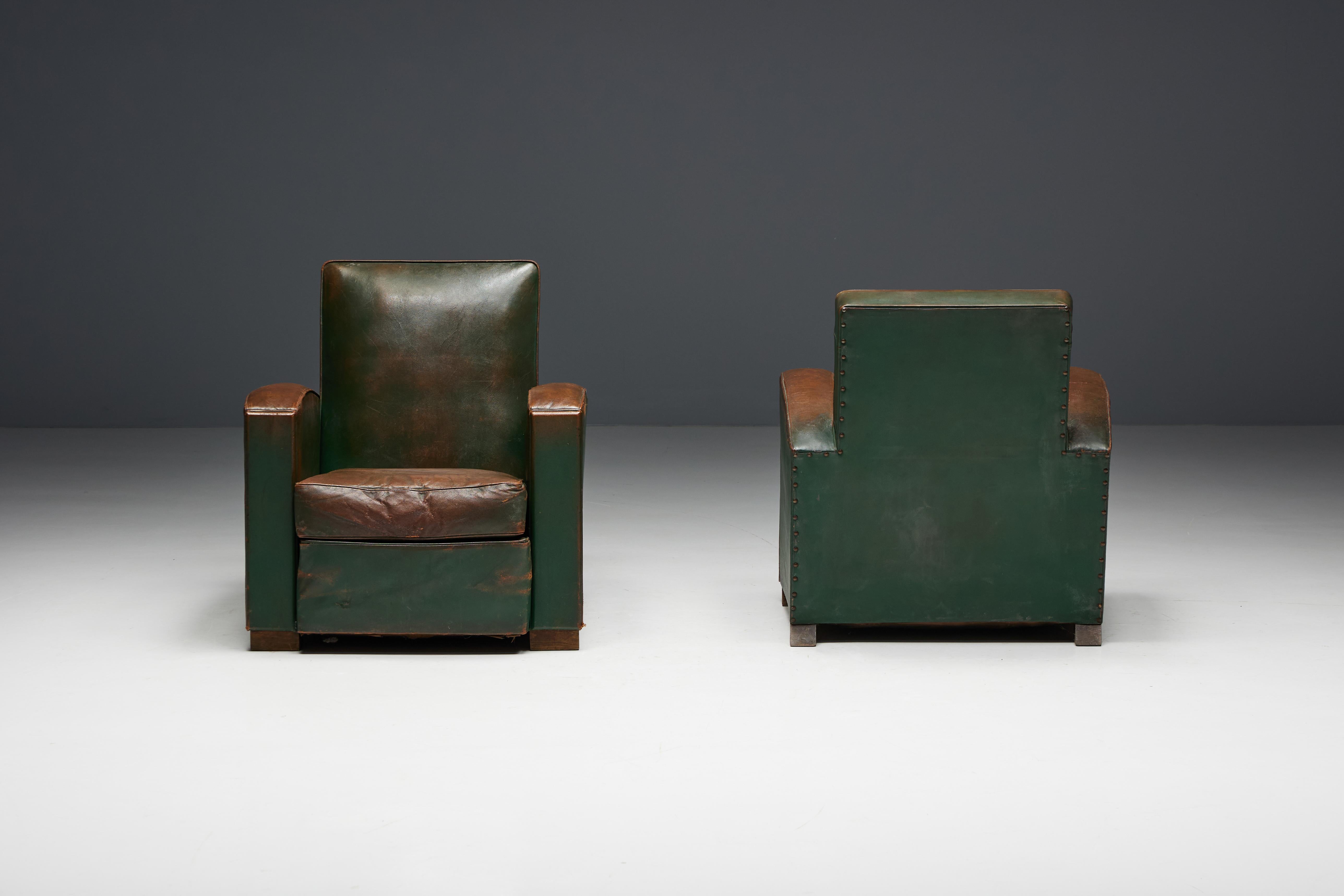 Art Deco Leather Club Chairs, France, 1930s For Sale 1