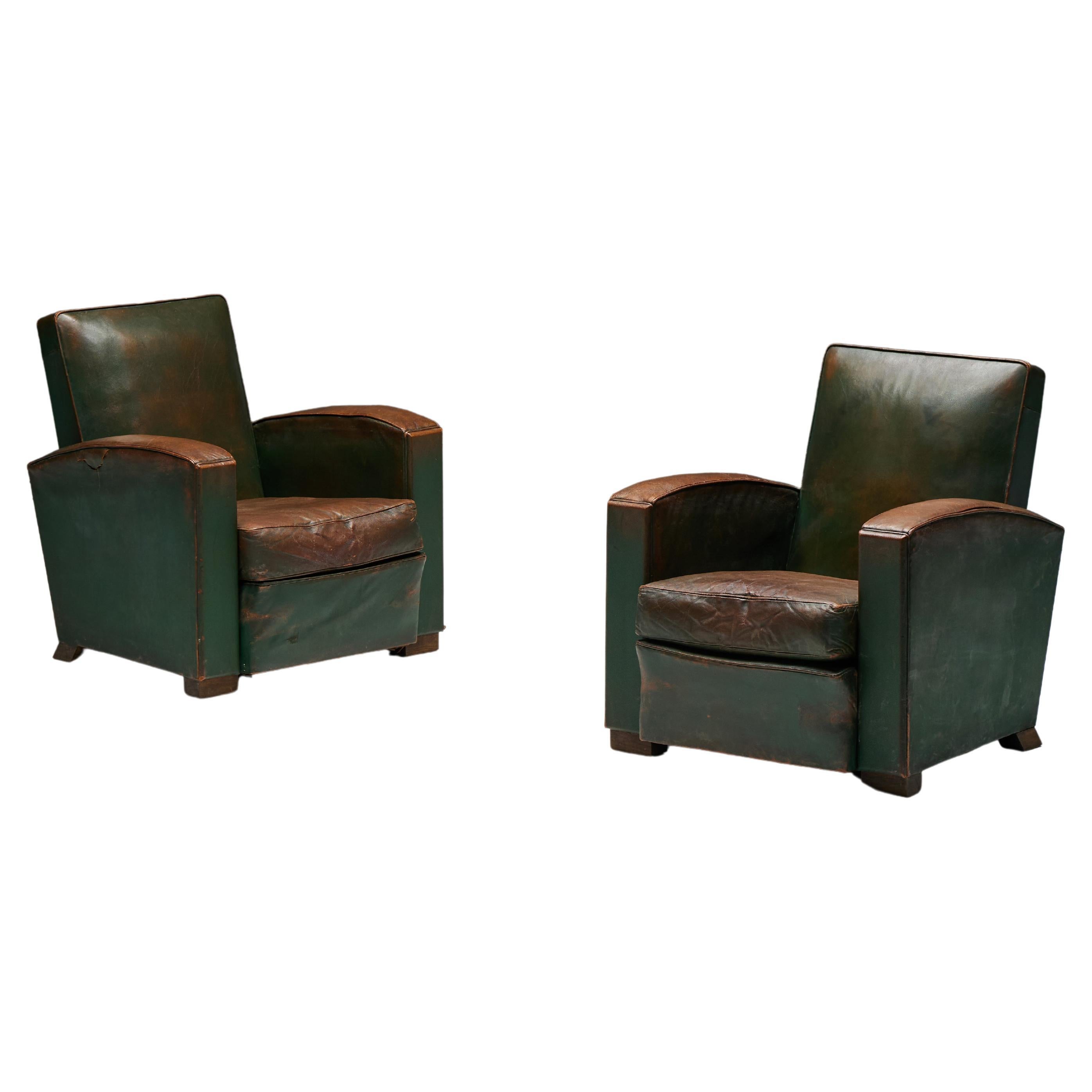 Art Deco Leather Club Chairs, France, 1930s