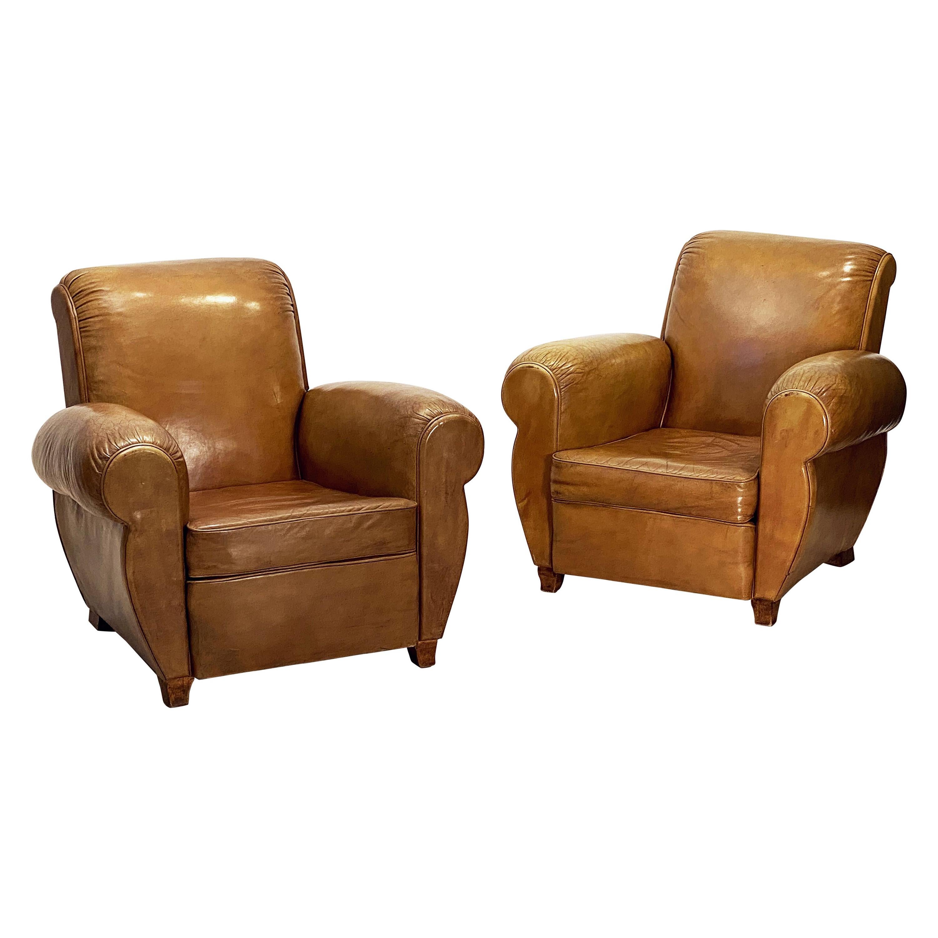 Art Deco Leather Club Chairs from France 'Priced as a Pair'
