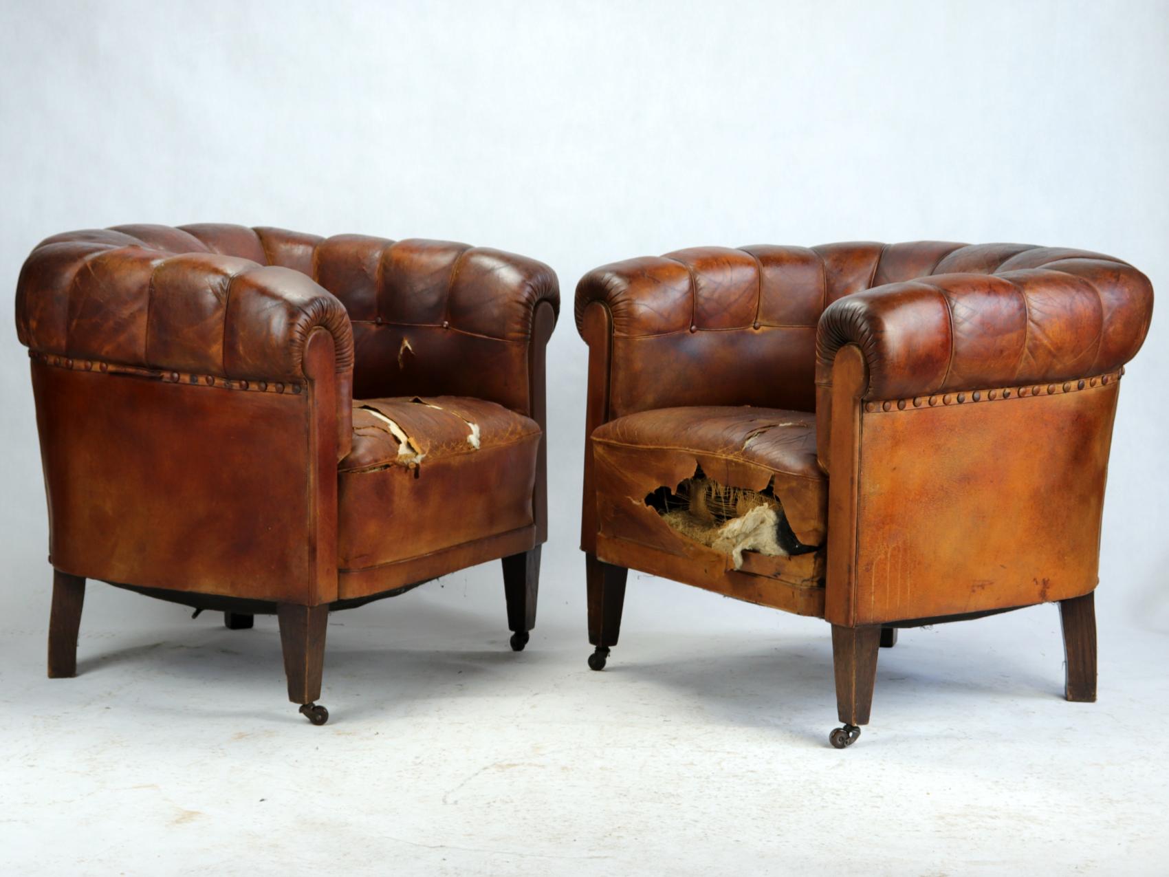 Art Deco Leather Club Chairs or Armchairs and Sofa, Seating Set, circa 1920 6