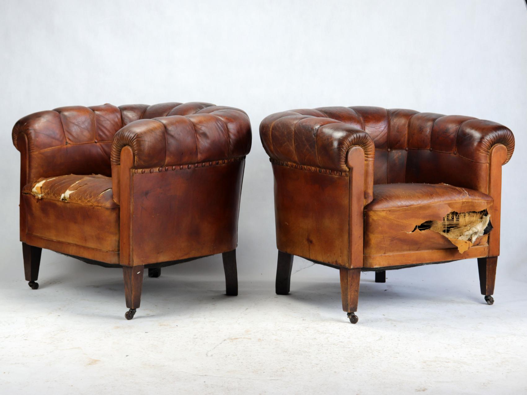 Art Deco Leather Club Chairs or Armchairs and Sofa, Seating Set, circa 1920 10
