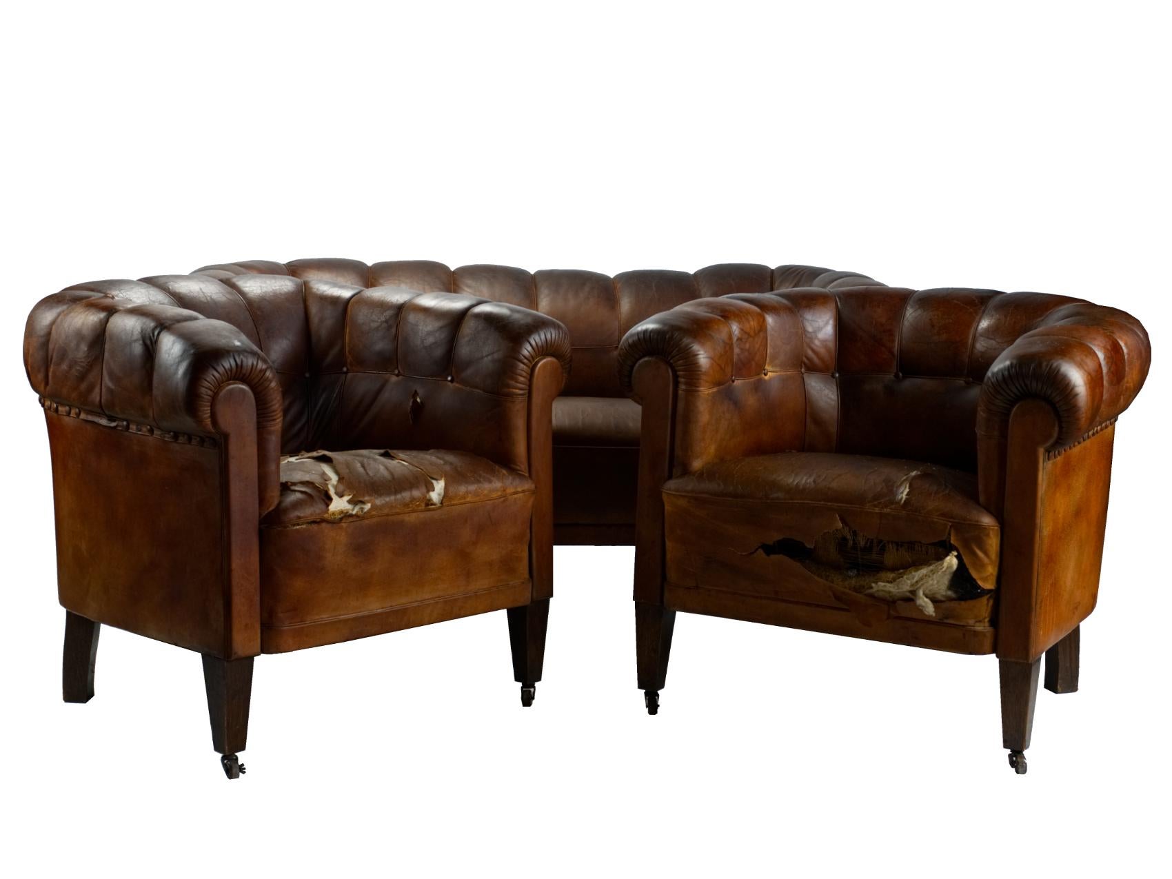 Austrian Art Deco Leather Club Chairs or Armchairs and Sofa, Seating Set, circa 1920