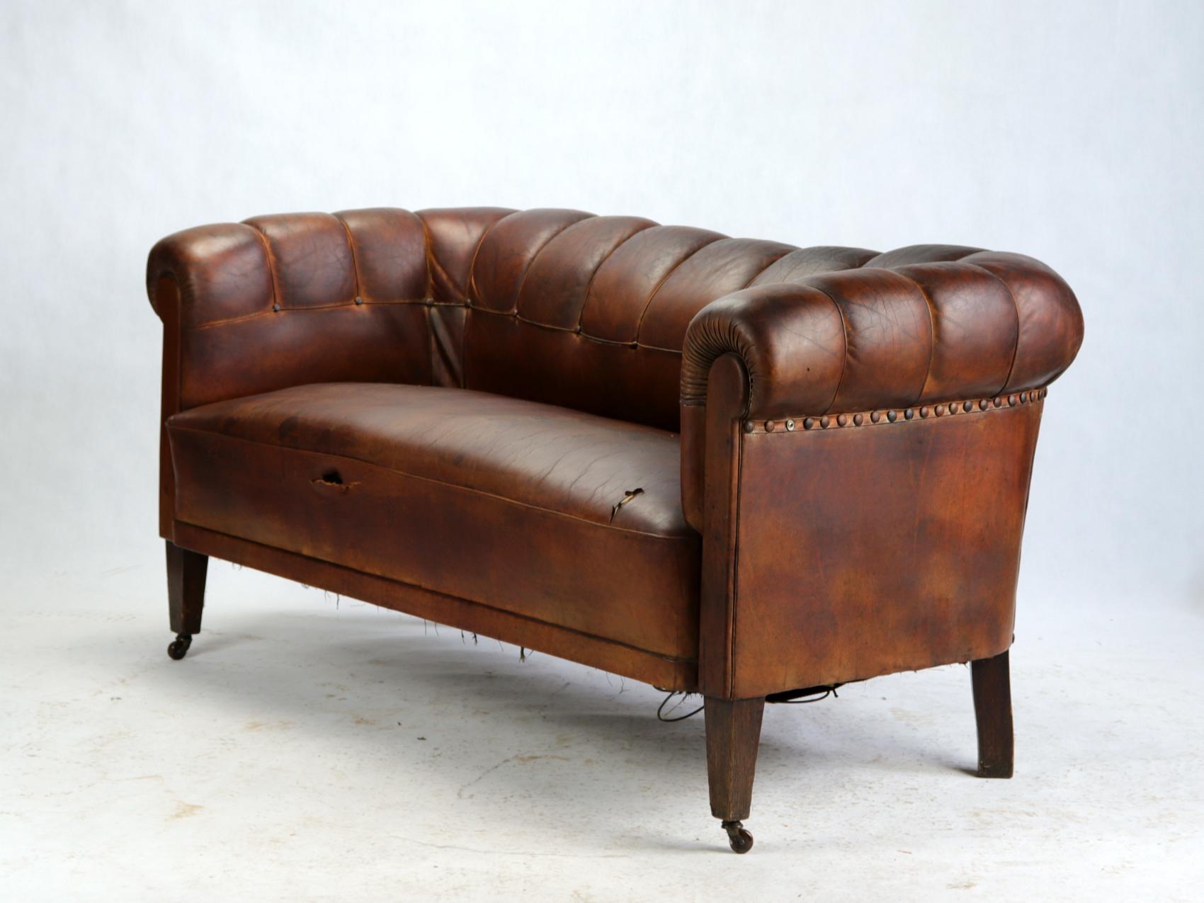 Art Deco Leather Club Chairs or Armchairs and Sofa, Seating Set, circa 1920 In Distressed Condition In Lucenec, SK