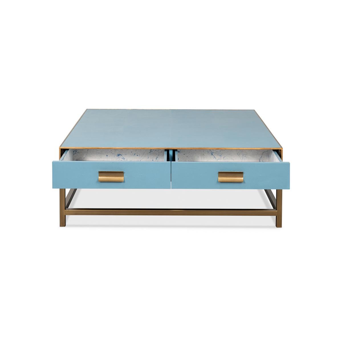 Asian Art Deco Leather Coffee Table in Chambray Blue For Sale