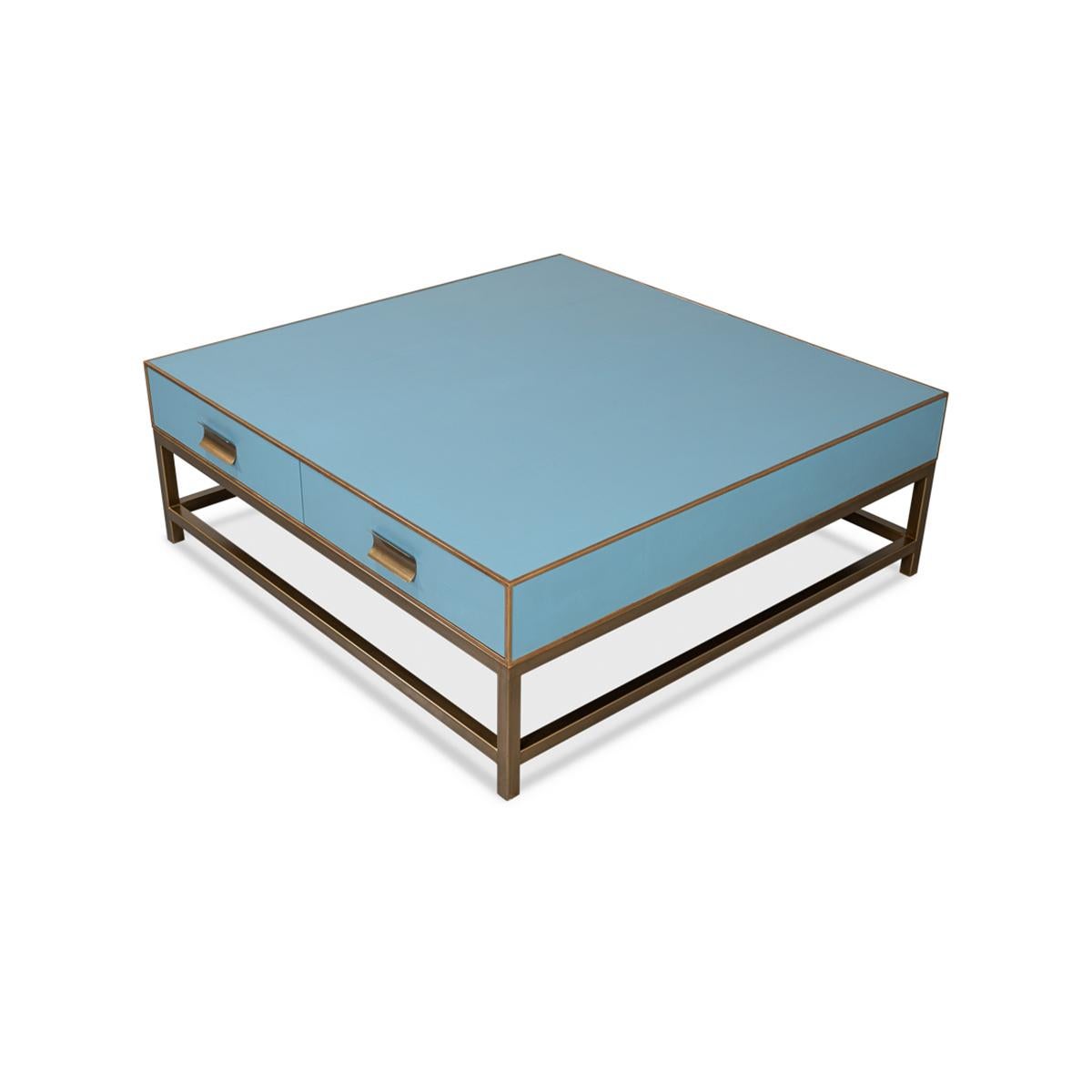 Art Deco Leather Coffee Table in Chambray Blue In New Condition For Sale In Westwood, NJ