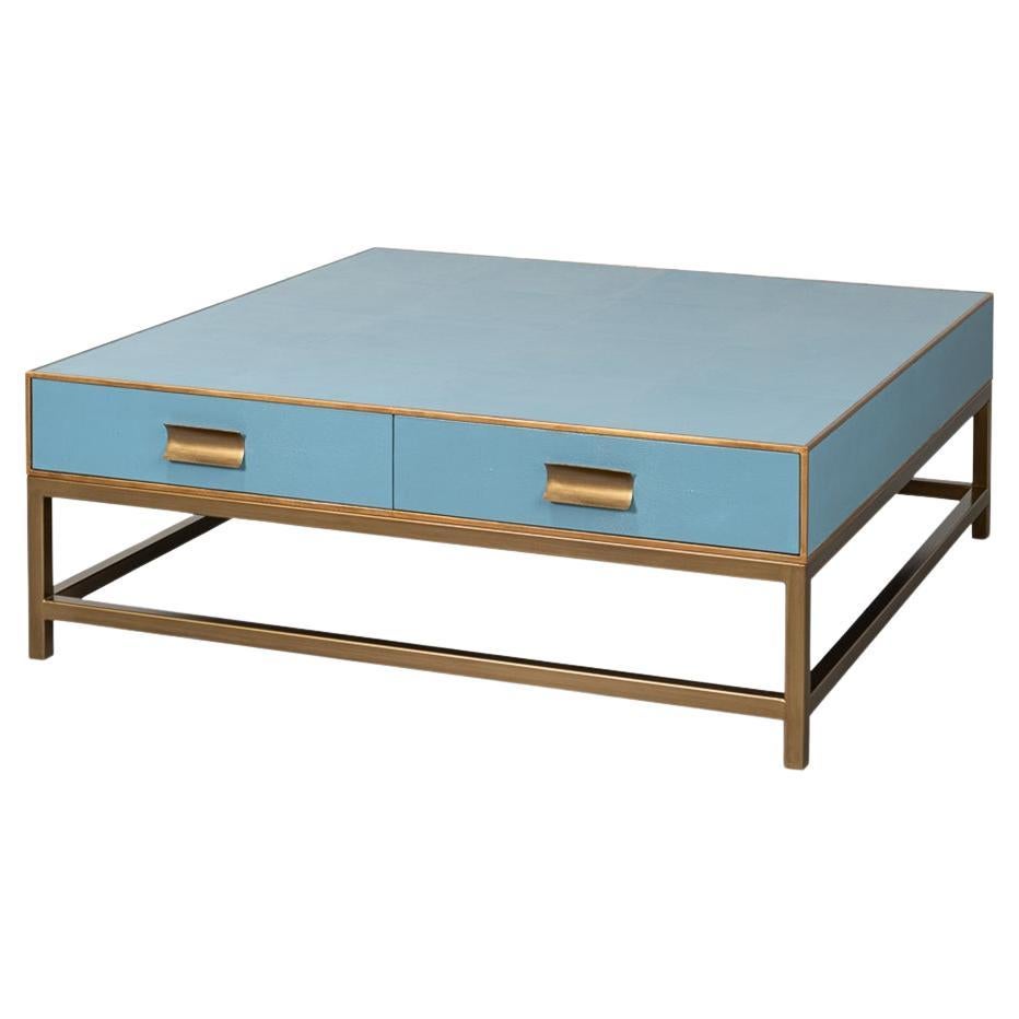 Art Deco Leather Coffee Table in Chambray Blue For Sale