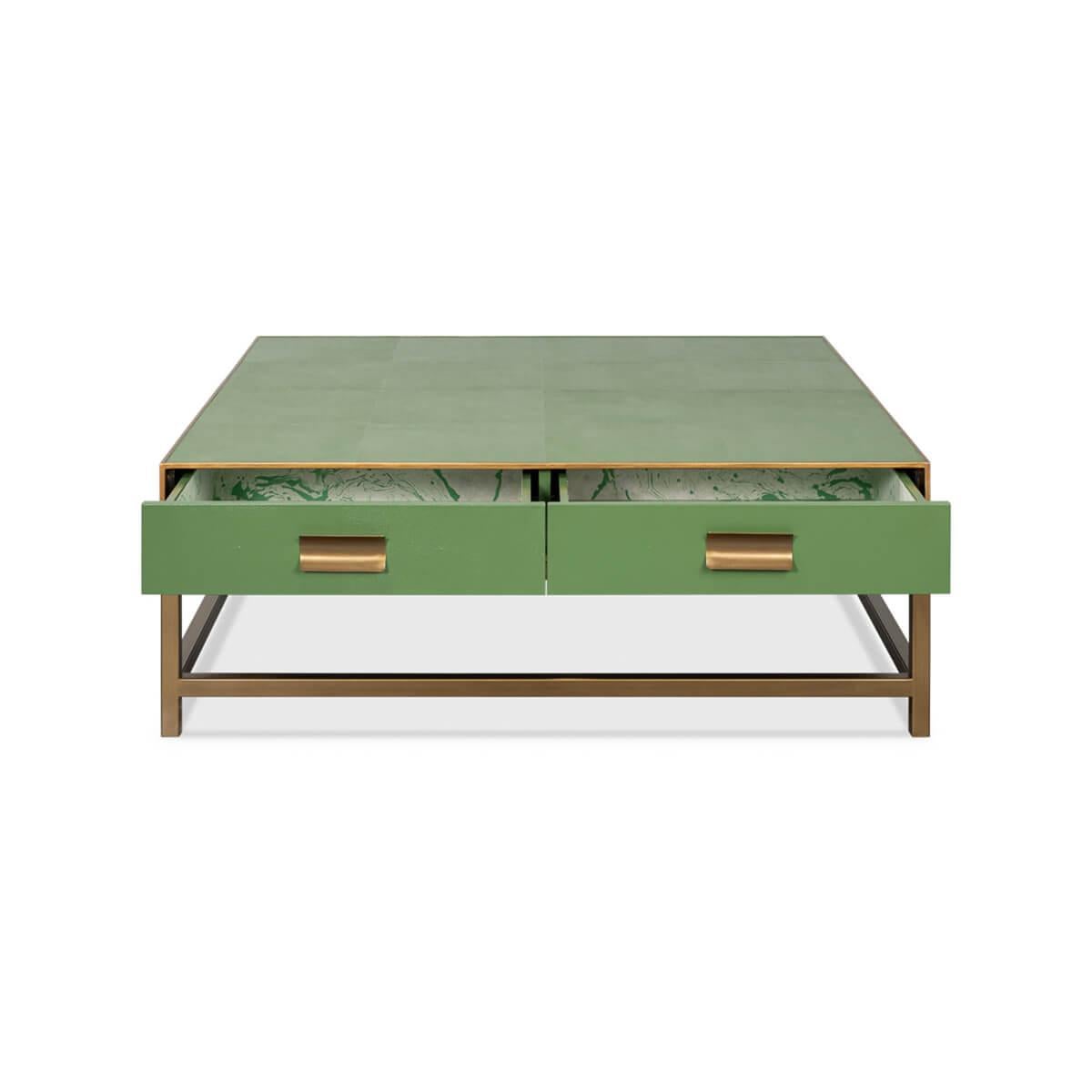 Asian Art Deco Leather Coffee Table in Watercress Green For Sale