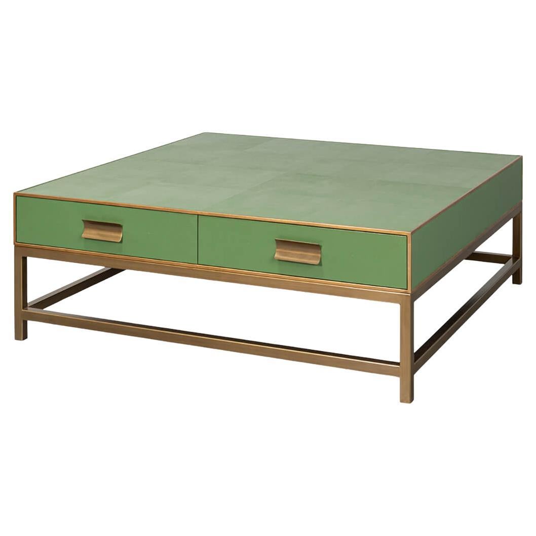 Art Deco Leather Coffee Table in Watercress Green For Sale